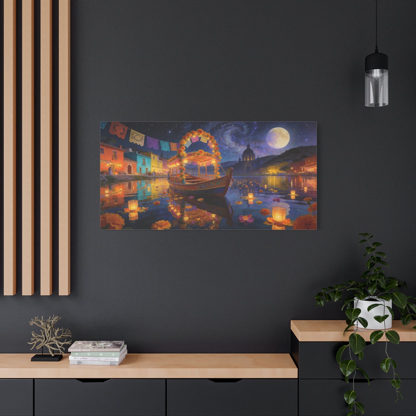 Moonlit Marigold Boat Canvas Wall Art - Colorful Festival Lake Scene, Full Moon Night Sky - Matte Cotton Art Print - Bohemian Living Room Wall Decor, Bedroom Home Decoration - Bedroom Home Decoration