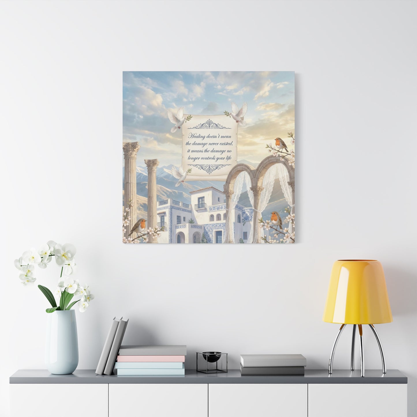 "The Damage No Longer Controls Your Life" Inspirational Canvas Wall Art - Doves, Robins, Classical Arches, Mountain Villa Quote Print - Matte Finish Canvas - Bedroom Home Decoration, Meditation Space