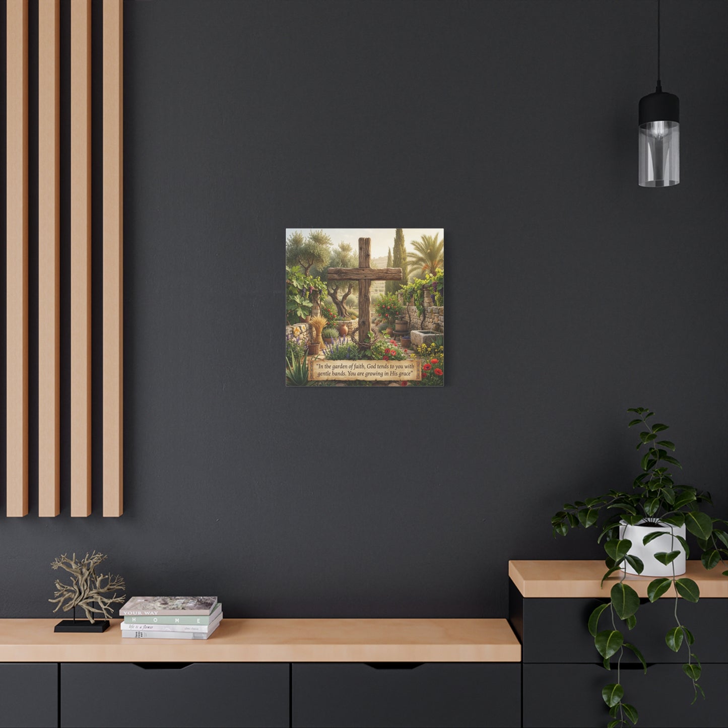 "In The Garden Of Faith, God Tends To You With Gentle Hands. You Are Growing In His Grace" Canvas Wall Art - Rustic Wooden Cross, Christian Garden Scene - Living Room Wall Decor - Ready to Hang