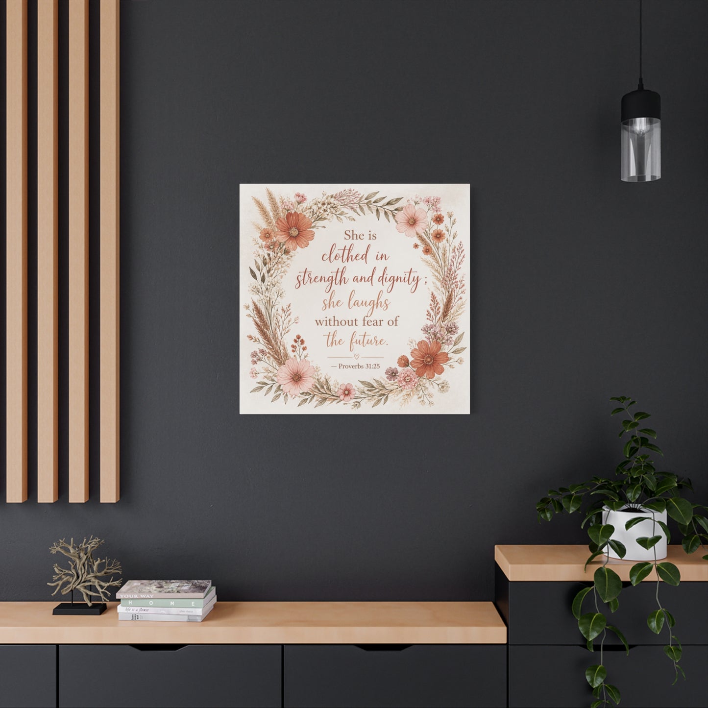 "She Is Clothed In Strength And Dignity" Floral Canvas Wall Art - Proverbs 31:25 Scripture Quote, Blush Wildflower Wreath, Farmhouse Style, Bedroom Wall Decor - Bedroom Home Decoration - Ready to Hang