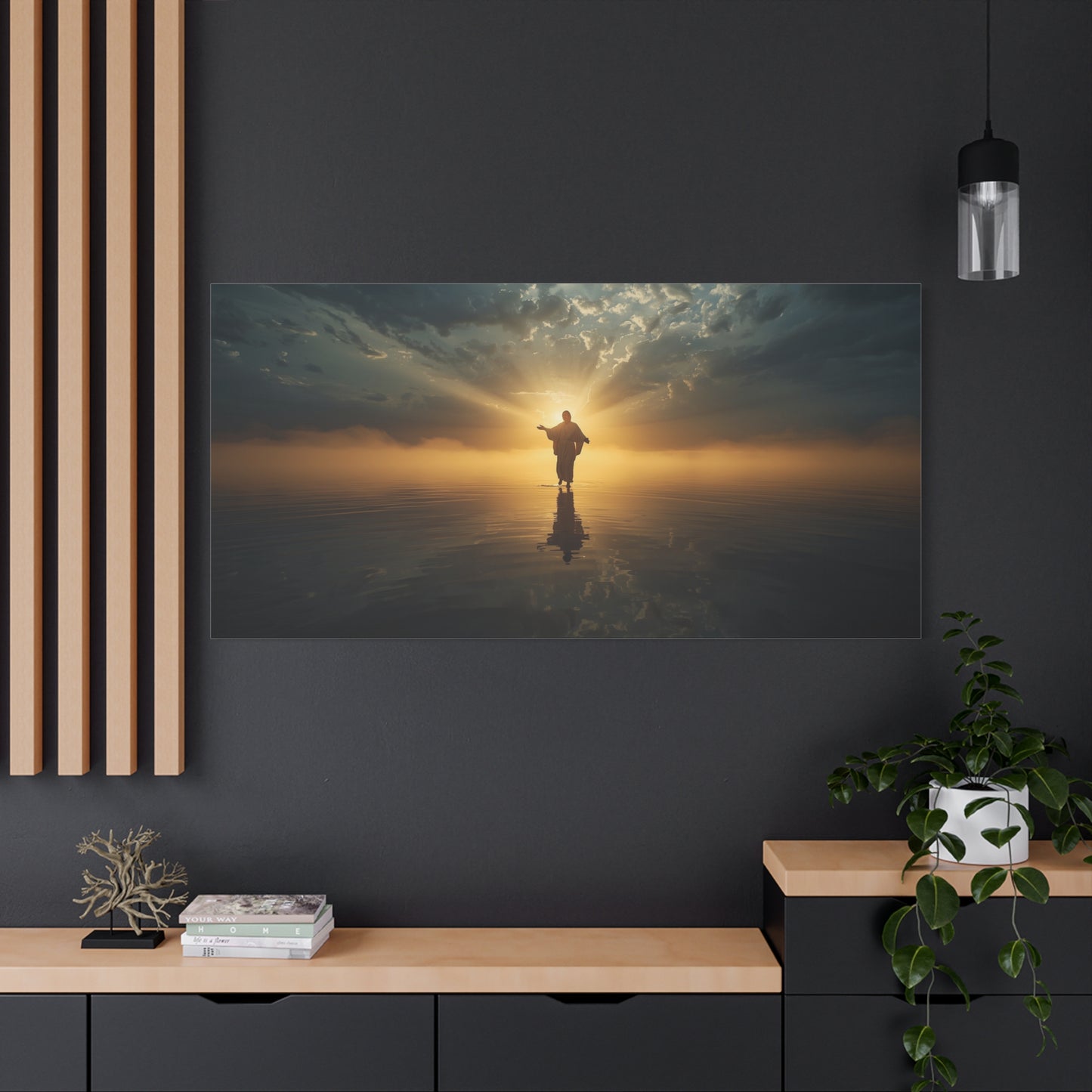 Jesus Christ Canvas Wall Art - Walking On Water At Sunrise, Dramatic Sky Reflection - Matte Cotton Print - Religious Home Decor For Living Room, Bedroom, Office Wall Accent - Bedroom Home Decoration