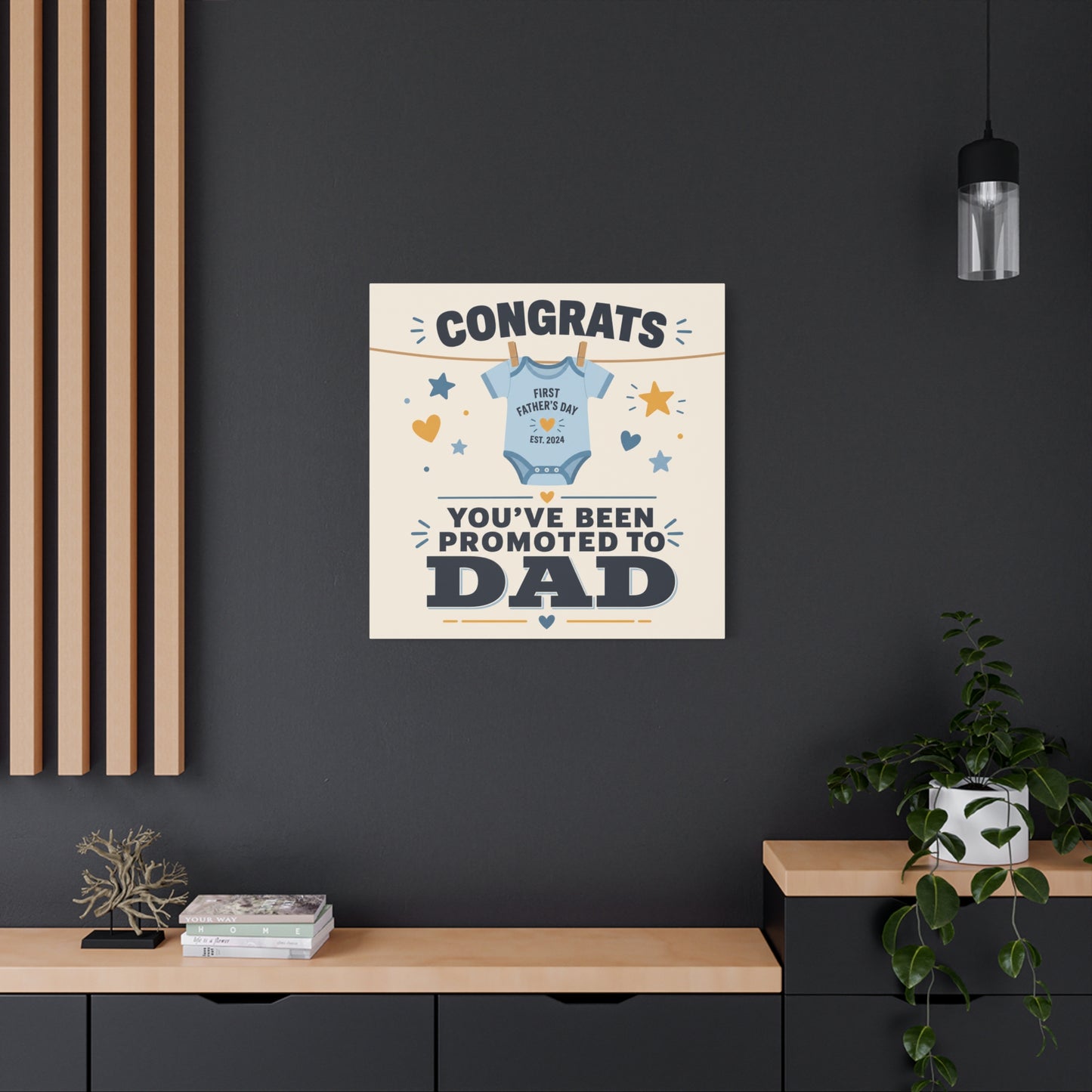 "Congrats You've Been Promoted To Dad" Canvas Wall Art - Baby Onesie Quote Print, Blue And Gold Typography Decor - Nursery Bedroom Wall Hanging - Bedroom Home Decoration - Modern Farmhouse Style