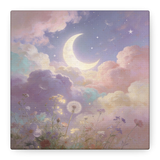 Crescent Moon Canvas Art Print - Dreamy Pastel Clouds, Dandelion Sky, Celestial Floral Scene - Cotton Matte Artwork - Lavender Nursery Accent, Bedroom Decoration, Meditation Space Decor