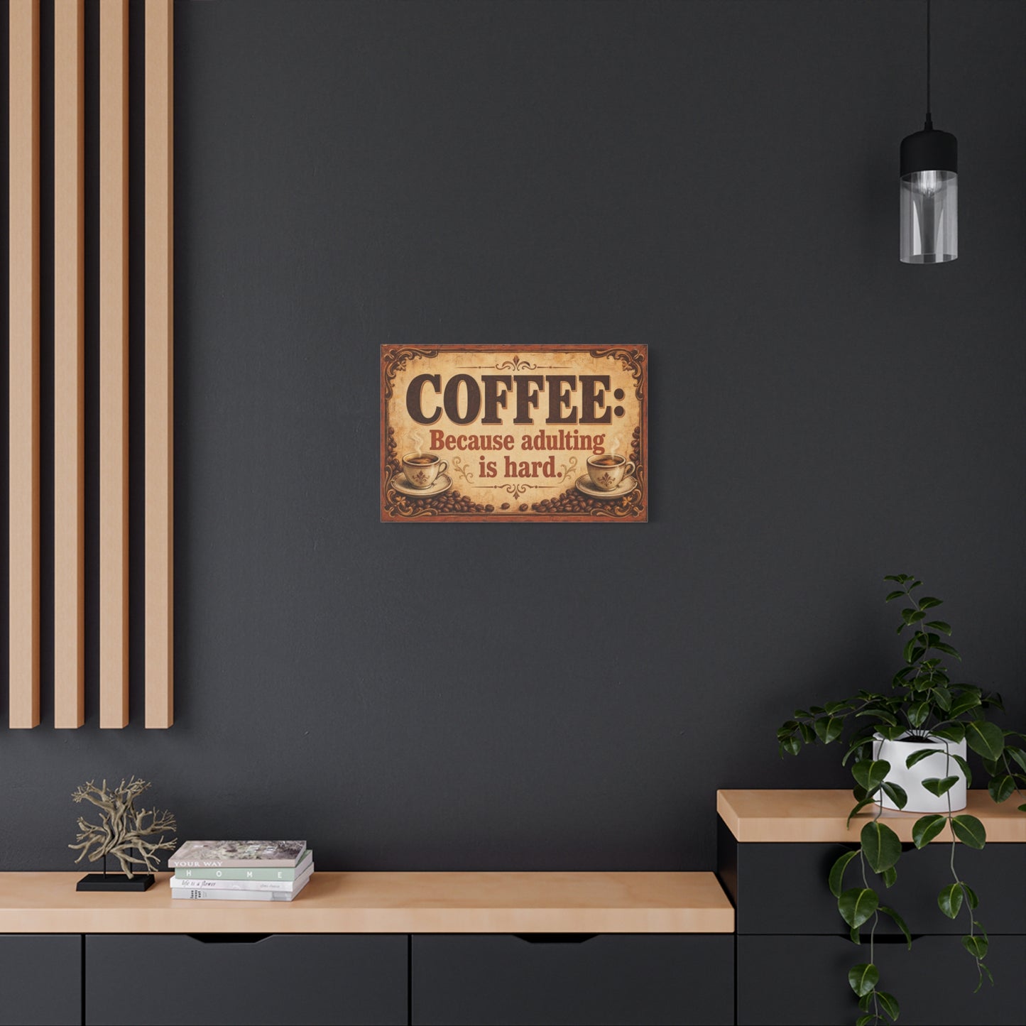 "Coffee: Because Adulting Is Hard." Coffee Canvas Wall Art - Vintage Decor, Rustic Farmhouse Style, Funny Cafe Quote Print - Office Wall Art - Ready to Hang - Bistro Decor - Espresso Bar Sign