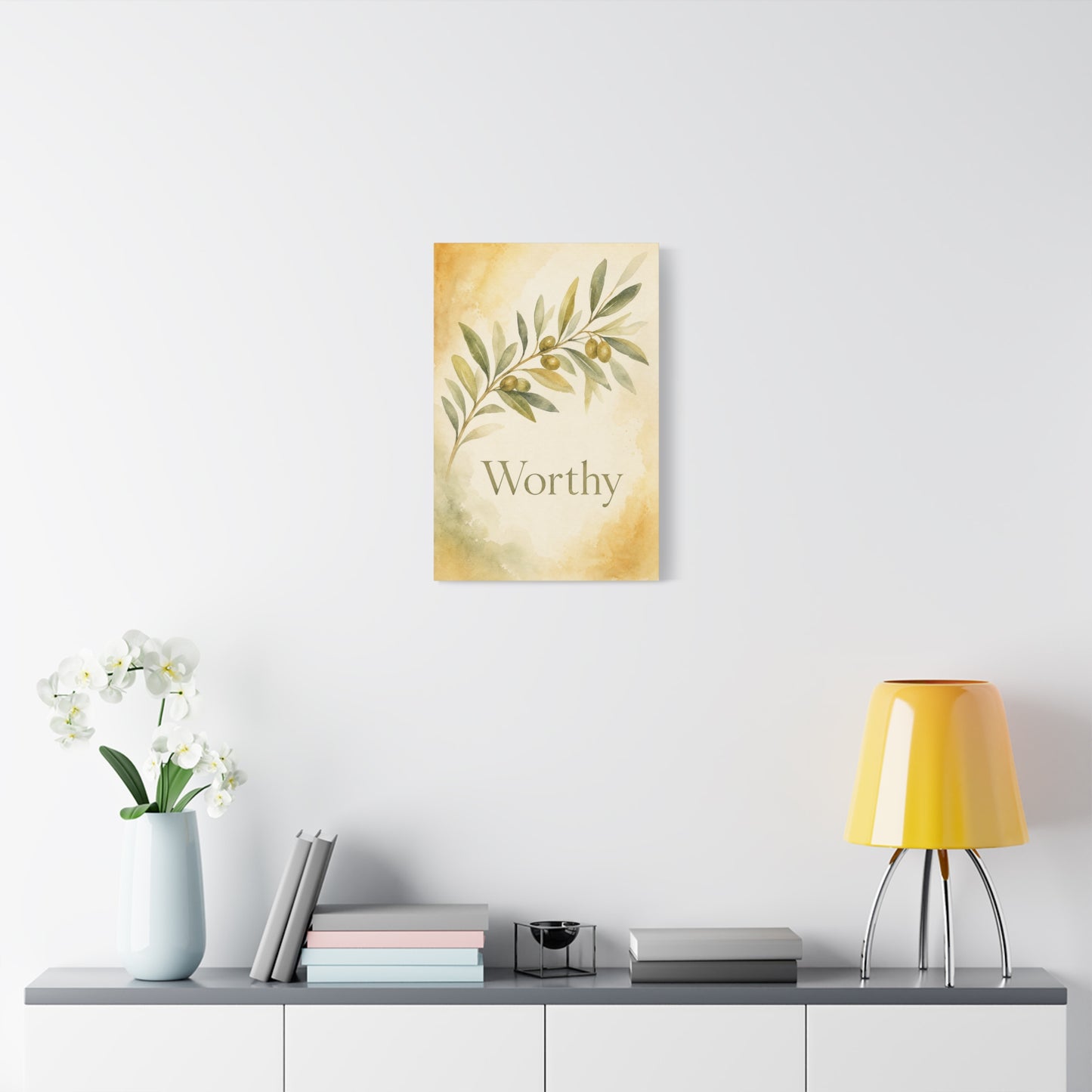 "Worthy" Olive Branch Canvas Wall Art - Botanical Inspirational Wall Decor - Watercolor Sage Gold Canvas Print - Bedroom Living Room Decoration - Ready to Hang - Bedroom Home Decoration