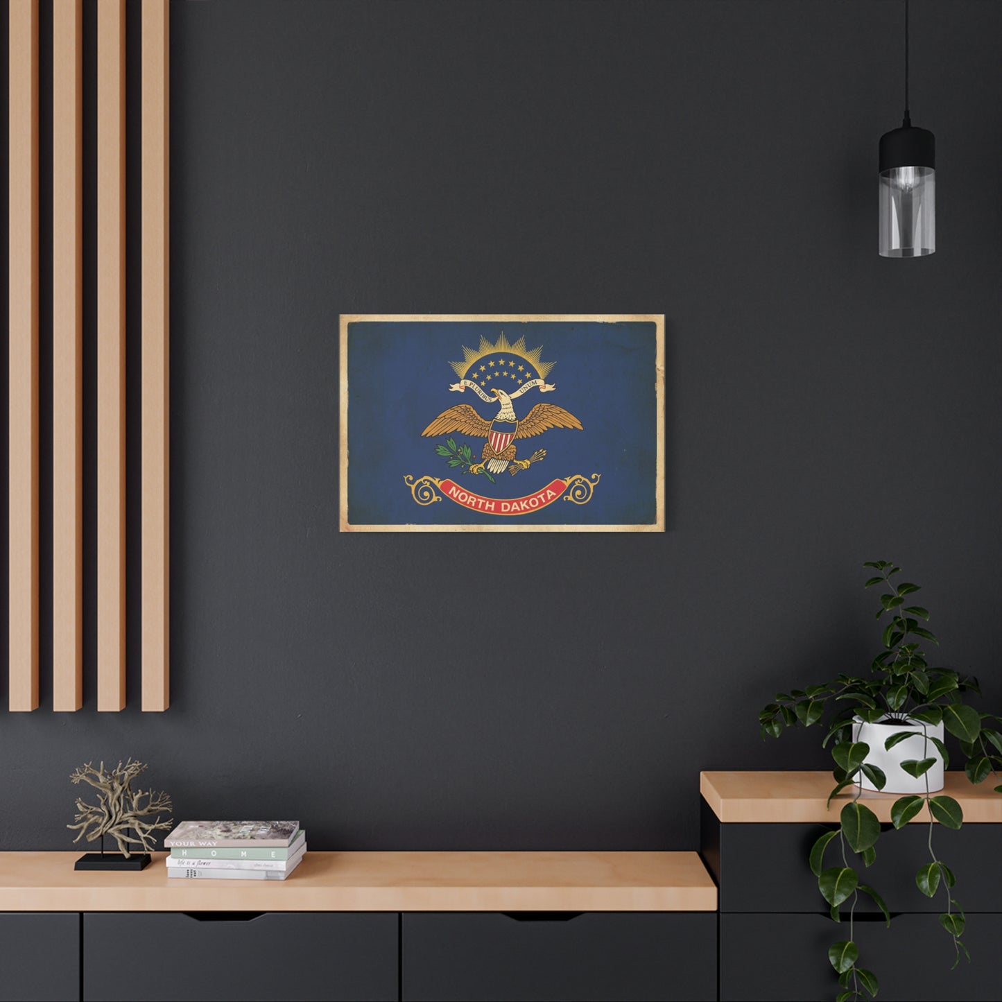 North Dakota Flag Canvas Wall Art - E Pluribus Unum Vintage State Banner Print - Patriotic Blue Eagle Emblem Decor - Rustic Americana Style - Ready to Hang - Living Room Wall Decor - Ready to Hang