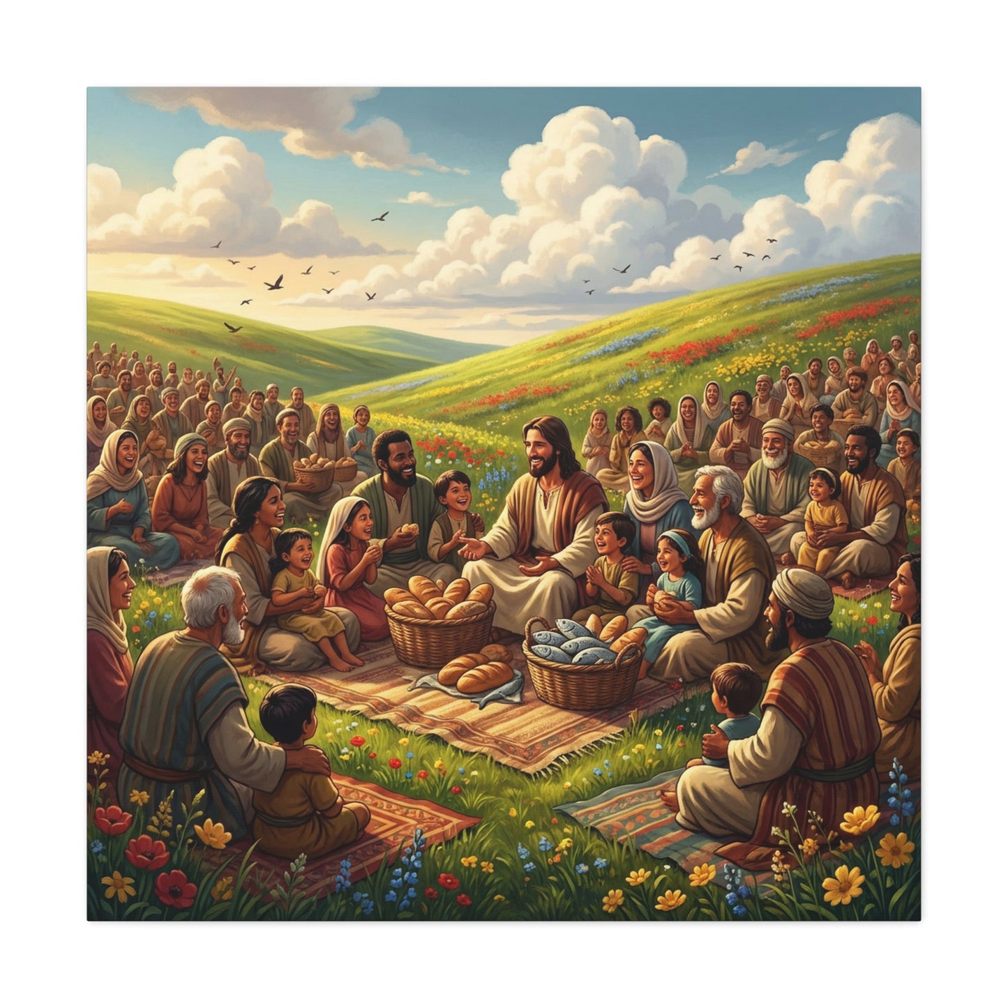 Jesus Feeding The Multitude Canvas Wall Art - Bread And Fish Biblical Scene - Meadow Landscape Christian Home Decor - Matte Cotton Print For Living Room, Bedroom, Office, Meditation Space