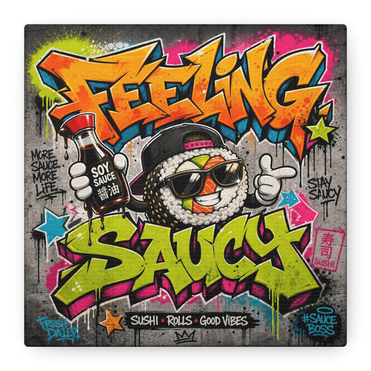"Feeling Sauce" Graffiti Canvas Wall Art - Sushi Roll Street Illustration, Urban Pop Typography, Matte Cotton Print, Contemporary Decor for Kitchen Nook, Dining Space, Cafe Interior Accent