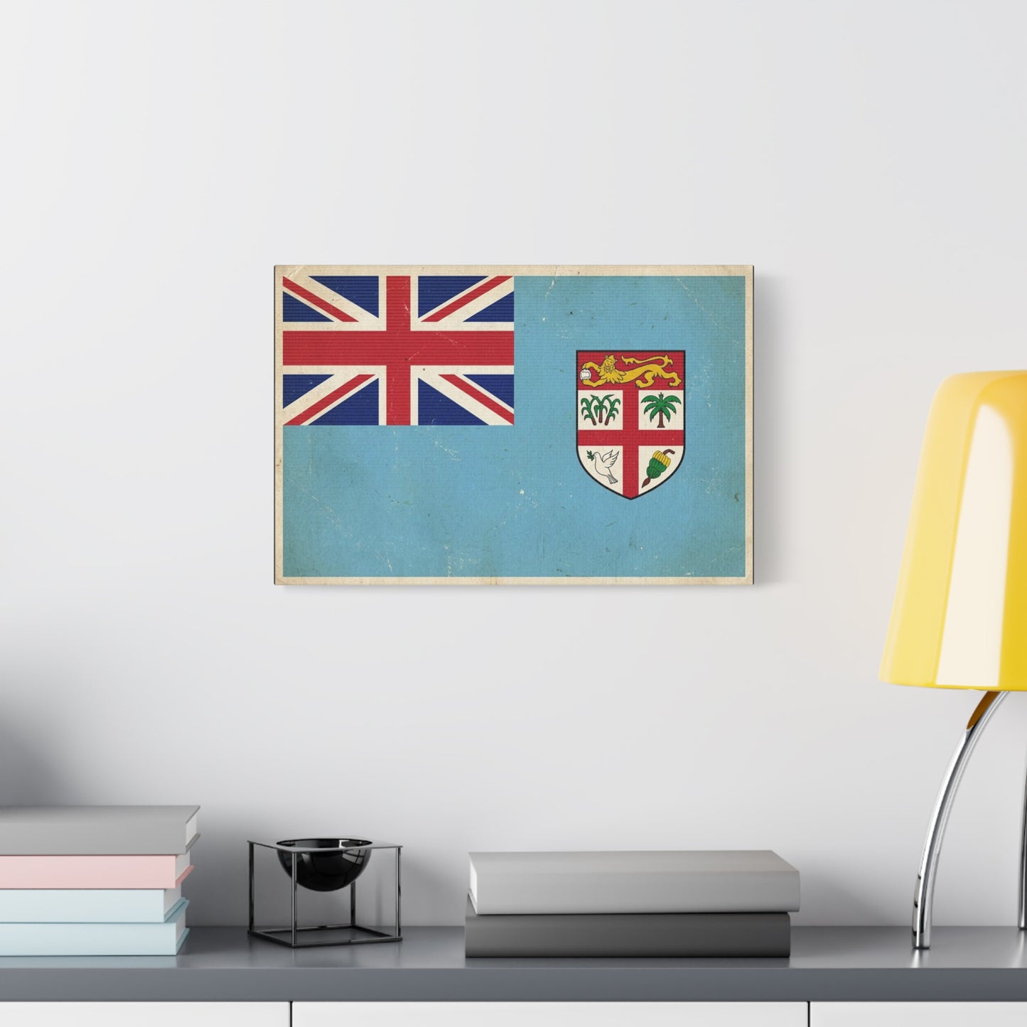 Vintage Fiji Flag Canvas Wall Art - Distressed British Ensign And Shield Print - Retro Patriotic Decor, Coastal Blue Island Style, Living Room Wall Decor, Office Art - Ready to Hang - Ready to Hang