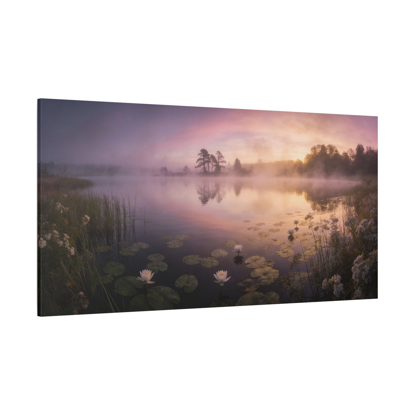 Misty Lake Sunrise Canvas Wall Art - Water Lily Pond Landscape Art Print, Soft Pink And Gold Sky - Serene Nature Decor - Matte Finish Canvas Print - Living Room Wall Decor Bedroom Home Decoration