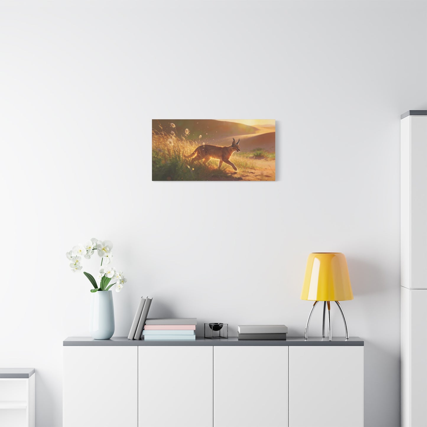 Caracal Canvas Wall Art - Golden Desert Wildlife Scene, Sunlit Grassland Illustration - Matte Cotton Art Print, Contemporary Nature Decor - Living Room Accent, Bedroom Decoration - Ready to Hang
