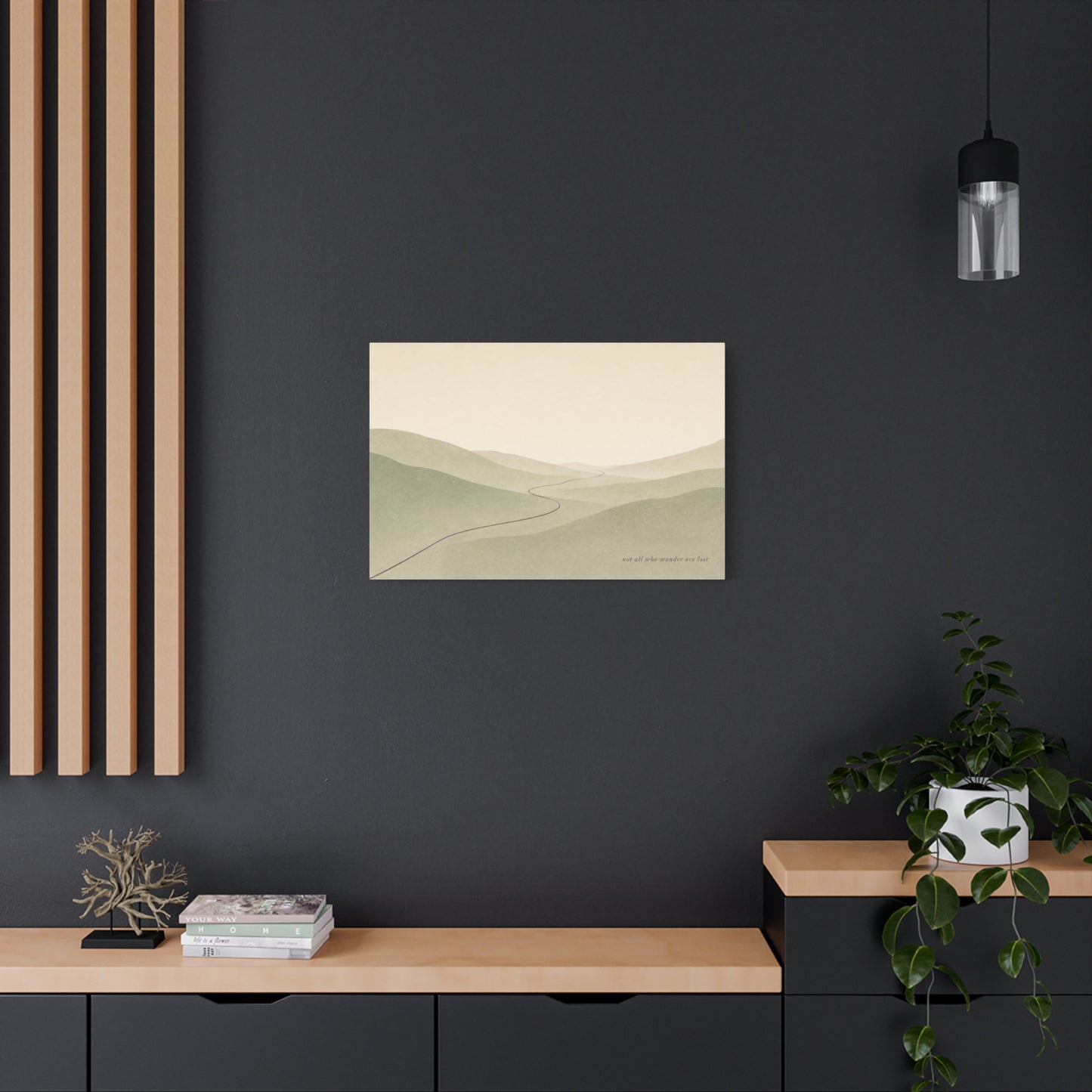 "Not All Who Wander Are Lost" Minimalist Landscape Canvas Wall Art - Misty Hills, Winding Path, Neutral Sage Beige Tones - Modern Wall Decor For Bedroom, Living Room, Home Office - Ready to Hang