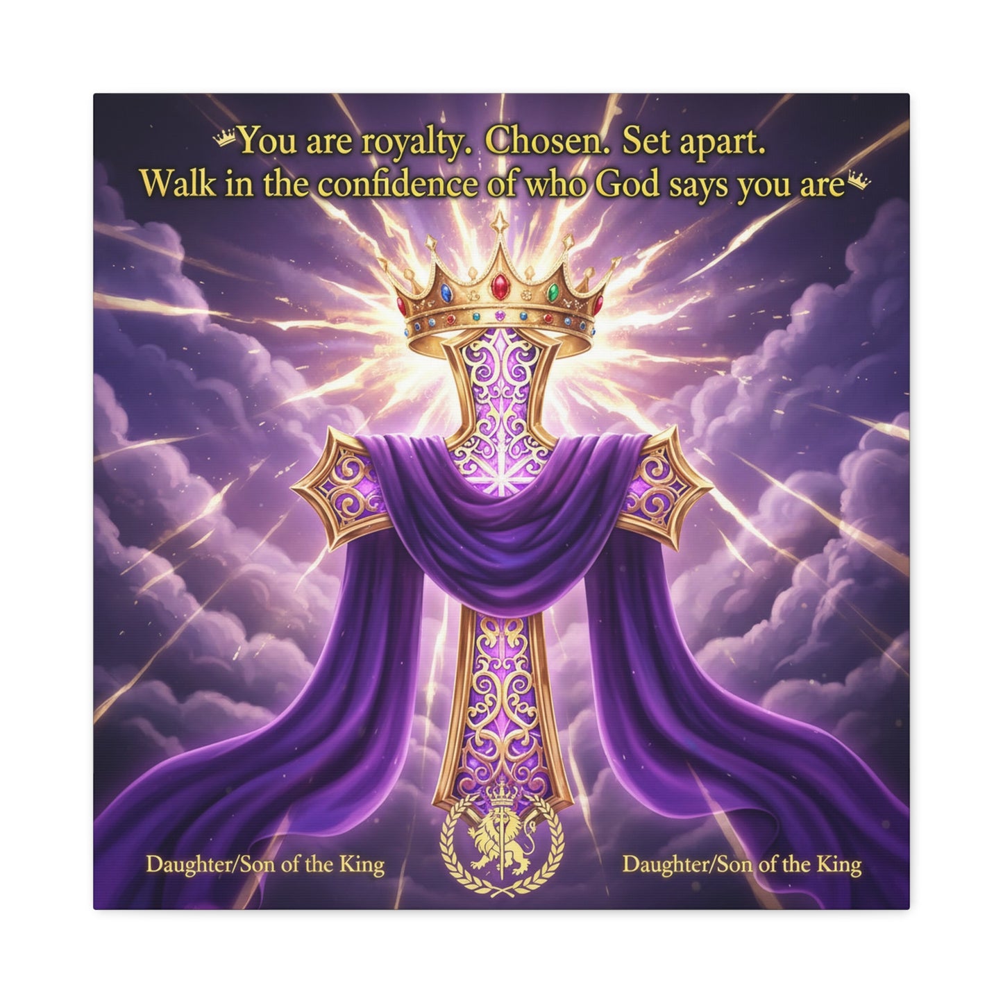 "You Are Royalty. Chosen. Set Apart." Christian Canvas Wall Art - Crowned Cross With Purple Draped Cloth, Daughter Son Of The King Quote - Religious Wall Decor For Bedroom, Office - Ready to Hang