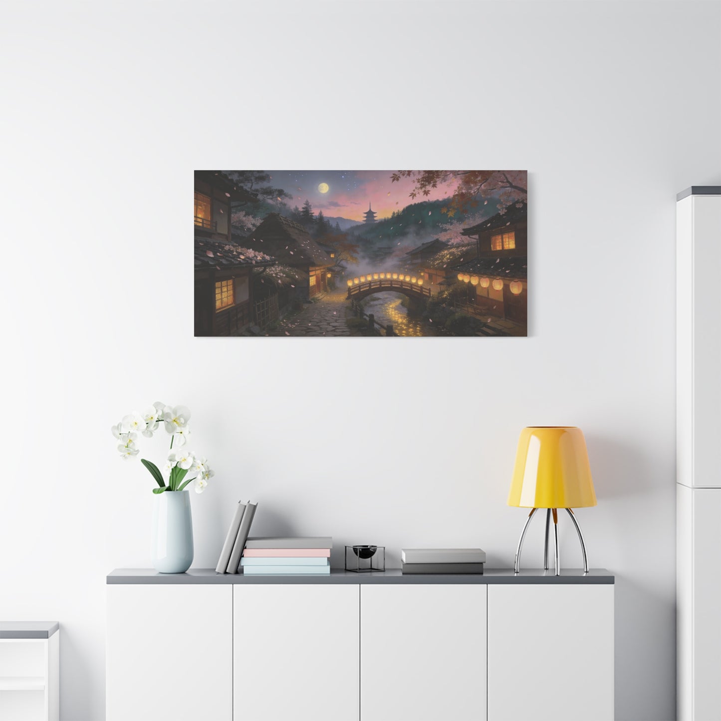 Japanese Village Moonlit Canvas Wall Art - Lantern Bridge, Cherry Blossom Petals, Pagoda Landscape - Matte Cotton Print - Traditional Style, Living Room Wall Decor, Bedroom Decoration - Ready to Hang