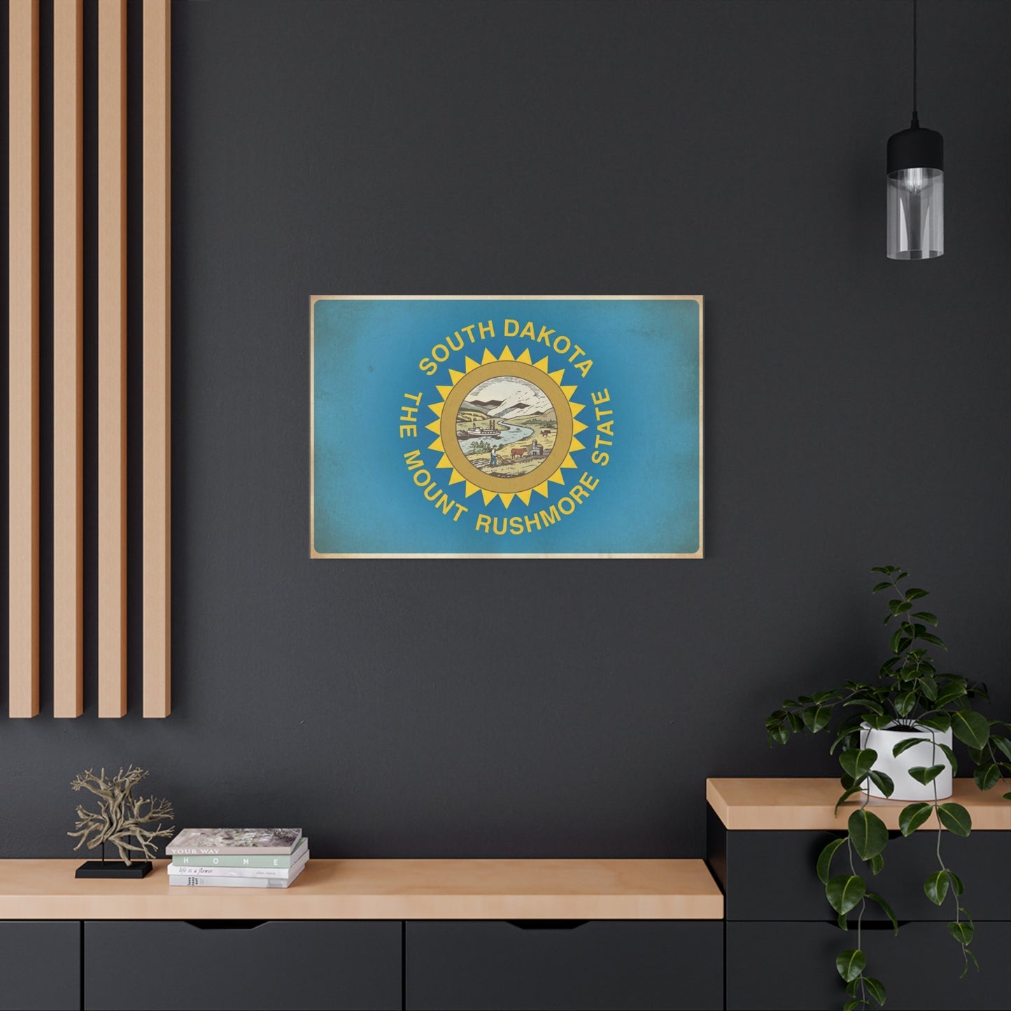 "South Dakota The Mount Rushmore State" Flag Canvas Wall Art - Vintage State Pride Decor, Blue Banner Print, Rustic Americana Style, Living Room Wall Decor, Office Art - Bedroom Home Decoration