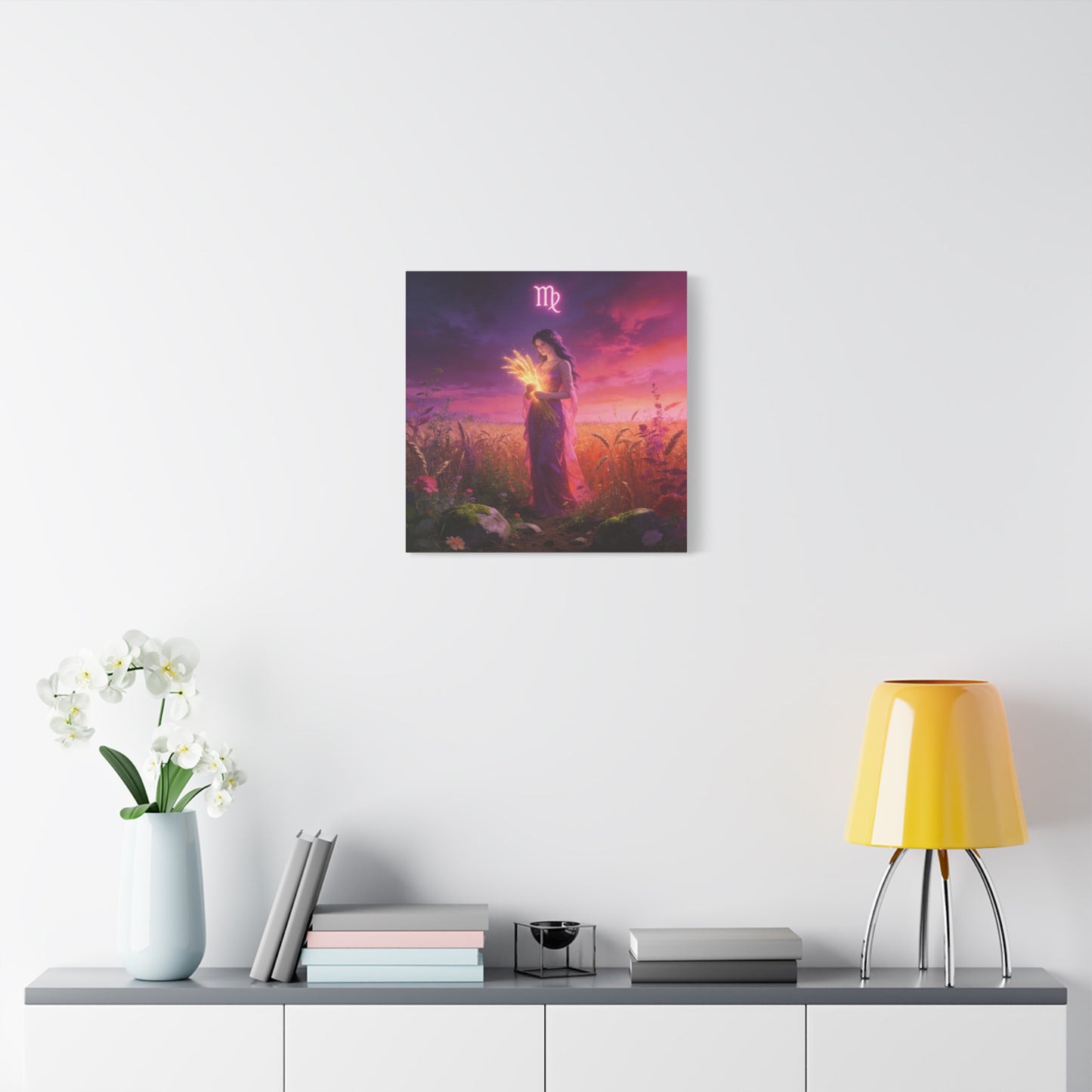 Virgo Zodiac Canvas Wall Art - Maiden Holding Glowing Wheat, Purple Twilight Field - Fantasy Illustration, Matte Canvas Print - Bedroom Wall Decor, Meditation Space Accent - Bedroom Home Decoration
