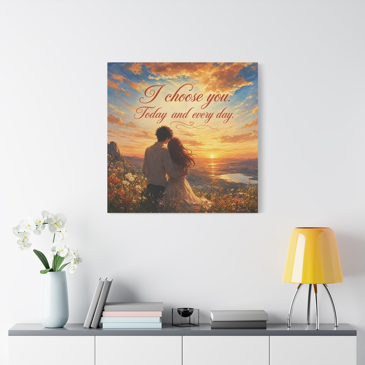 "I Choose You. Today And Every Day." Romantic Couple Canvas Wall Art - Sunset Love Quote Print, Golden Sky Landscape, Bedroom Wall Decor, Living Room Home Decoration - Ready to Hang - Ready to Hang