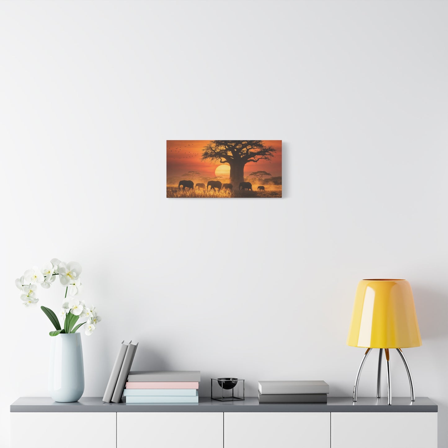 African Elephant Sunset Canvas Wall Art - Baobab Tree Safari Scene, Golden Savanna Wildlife Print - Matte Cotton Canvas, Rustic Contemporary Style - Living Room Wall Decor - Bedroom Home Decoration