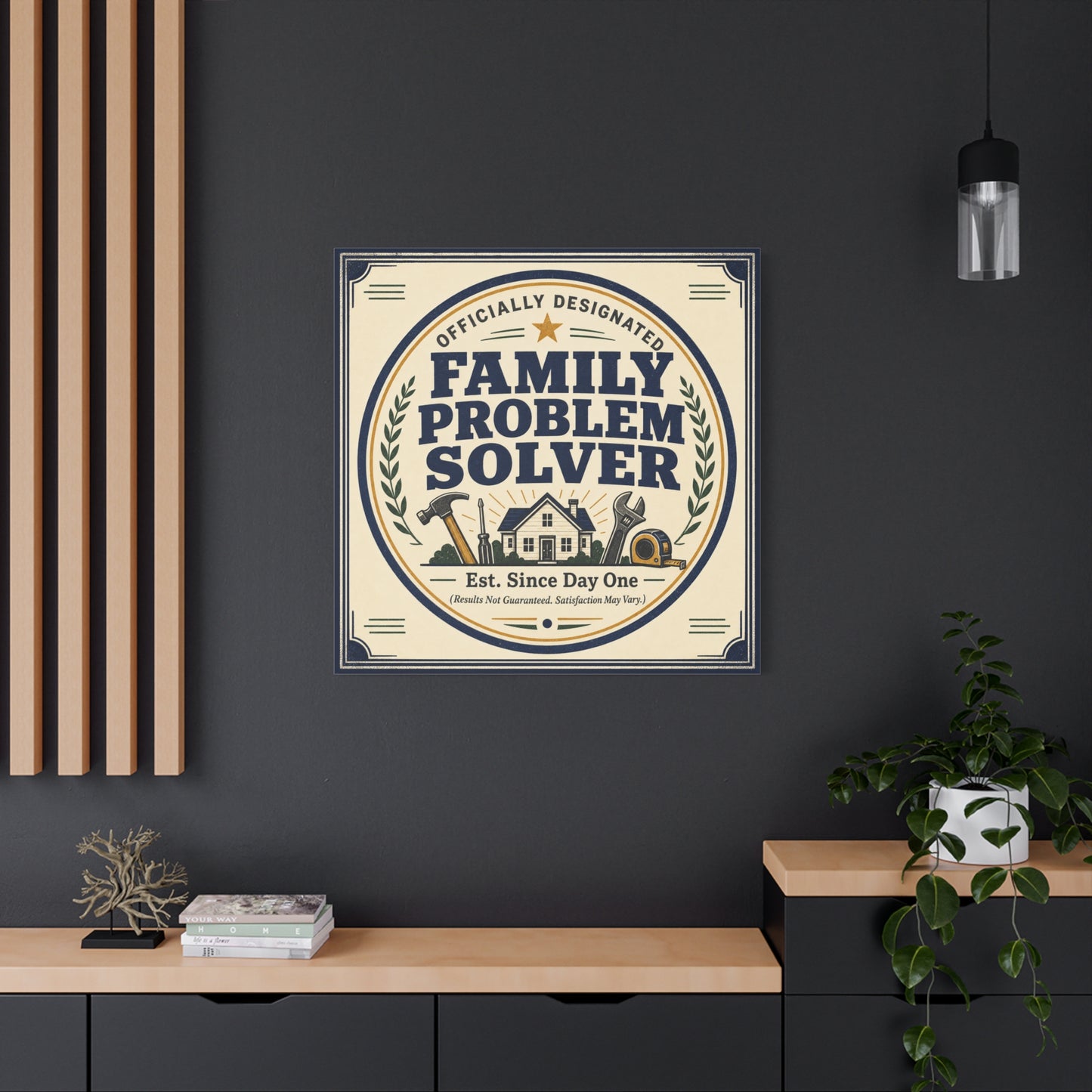 "Officially Designated Family Problem Solver" Canvas Wall Art - Vintage Typography Home Sign, Rustic Farmhouse Style, Humorous Quote Print, Living Room Wall Decor - Ready to Hang - Ready to Hang