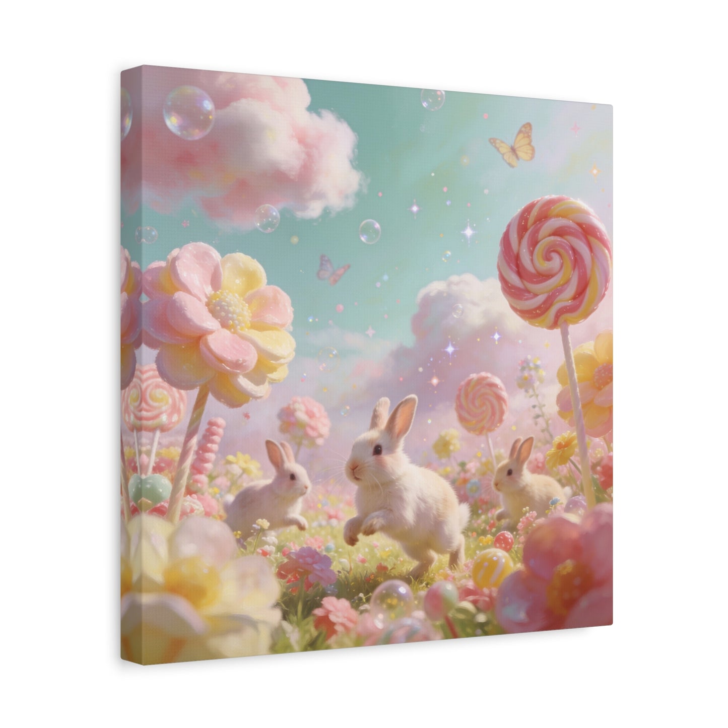 Bunny Candyland Canvas Wall Art - Pastel Rabbit Meadow, Lollipop Flowers, Dreamy Nursery Wall Decor - Whimsical Illustration - Bedroom Home Decoration, Kids Room Accent - Bedroom Home Decoration