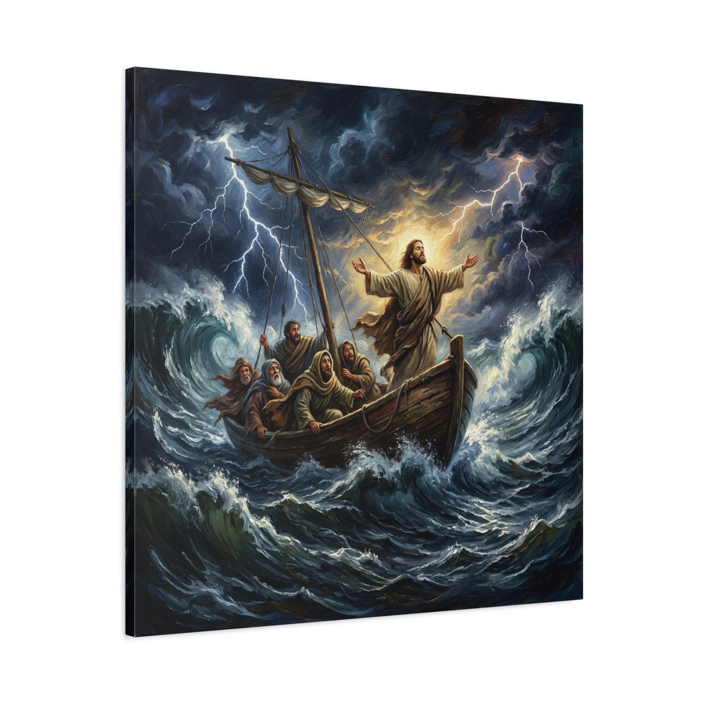 Jesus Calming The Storm Canvas Wall Art - Bible Boat Sea Scene, Dramatic Lightning Waves - Cotton Matte Print - Traditional Religious Decor For Living Room Office Bedroom - Living Room Wall Decor