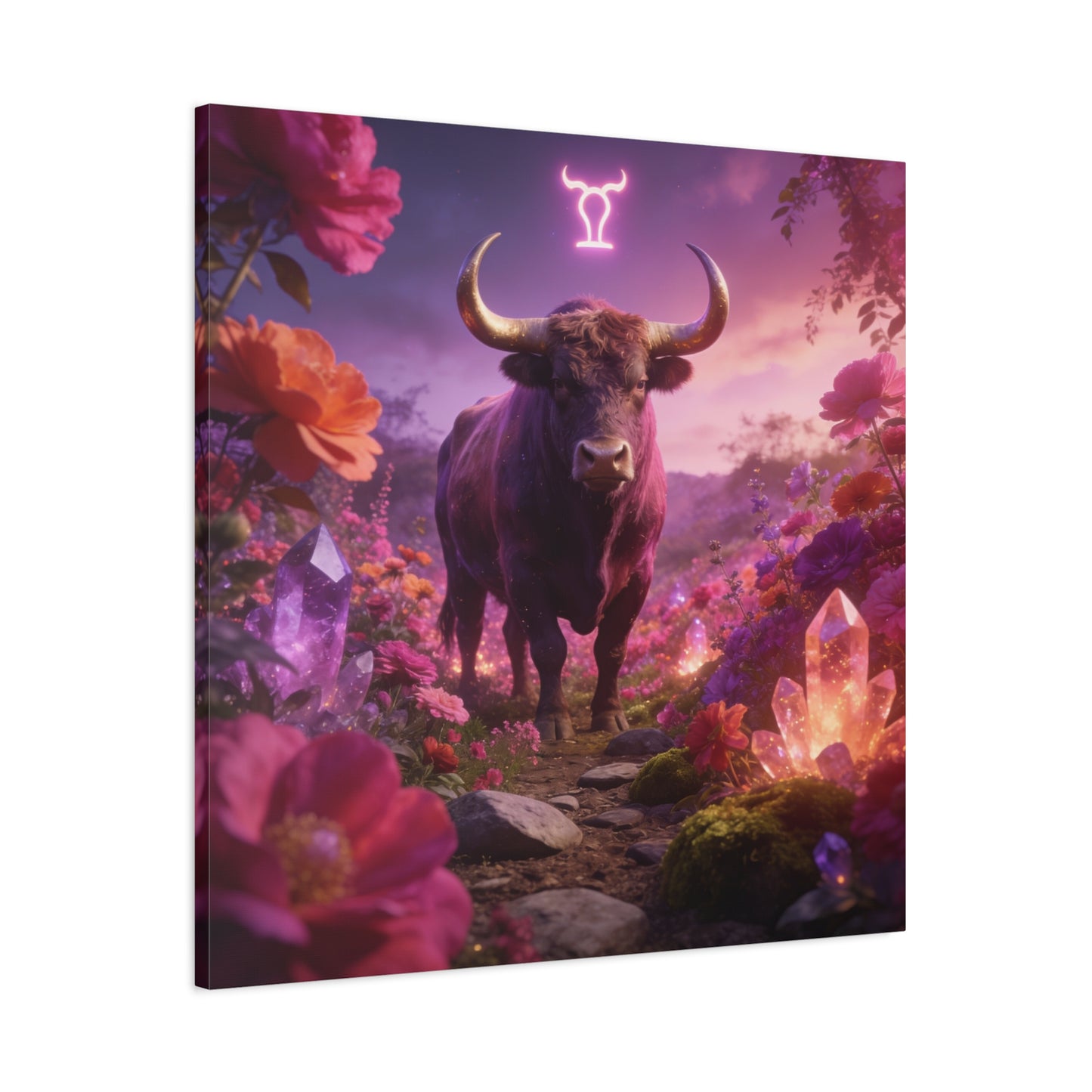 Taurus Zodiac Bull Canvas Wall Art - Neon Taurus Symbol, Floral Crystal Fantasy Print - Dreamy Purple Pink Celestial Decor - Bedroom Home Decoration, Bohemian Living Room Accent - Office Wall Art