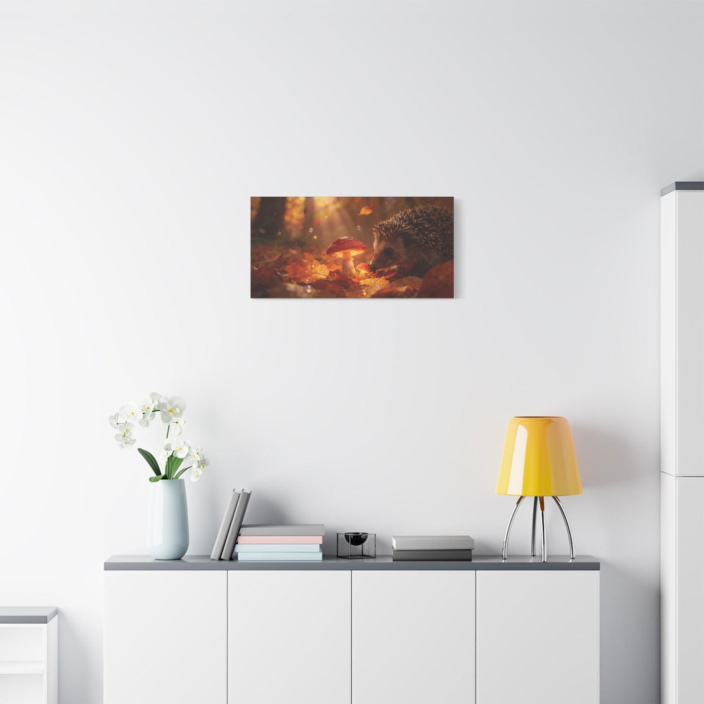 Hedgehog Mushroom Canvas Wall Art - Autumn Forest Wildlife Canvas Print, Glowing Red Toadstool, Warm Golden Light, Whimsical Nature Decor, Living Room Wall Decor, Bedroom Accent - Ready to Hang