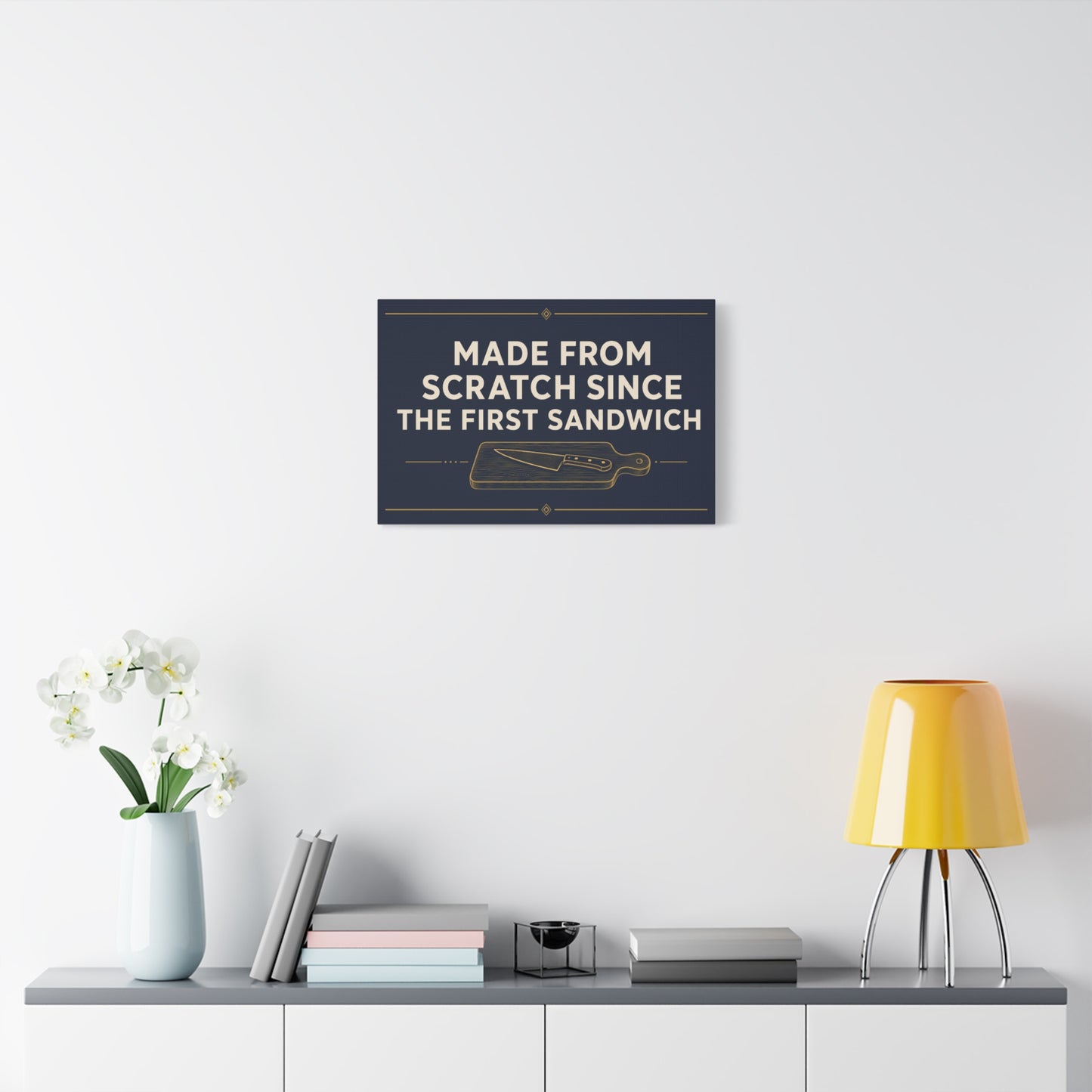 "Made From Scratch Since The First Sandwich" Canvas Wall Art - Quote Print, Navy And Gold Typography, Cutting Board Knife Illustration, Farmhouse Decor - Deli Wall Decor - Sandwich Shop Sign