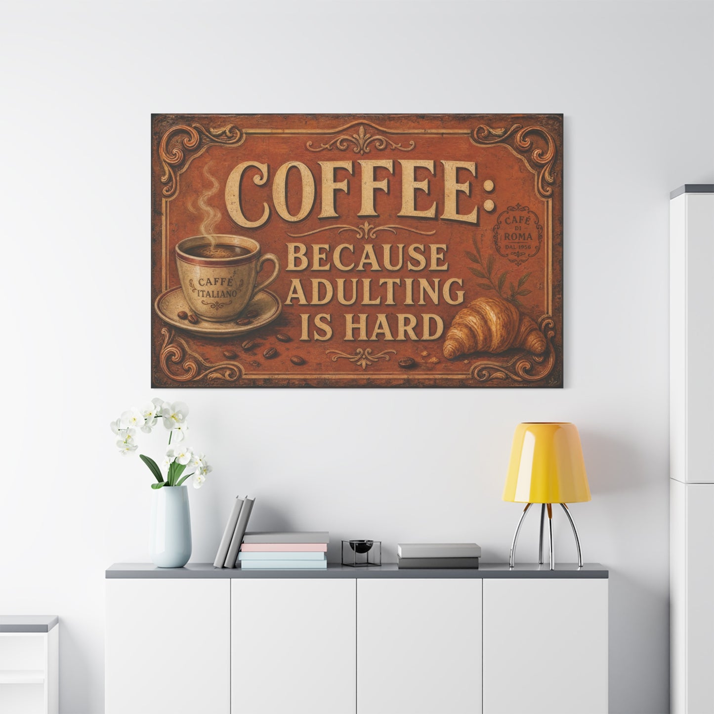 "Coffee Because Adulting Is Hard" Funny Canvas Wall Art - Vintage Cafe Cup, Croissant, Rustic Typography Print - Farmhouse Decor, Cafe Wall Accent - Coffee Shop Decor - Espresso Bar Sign