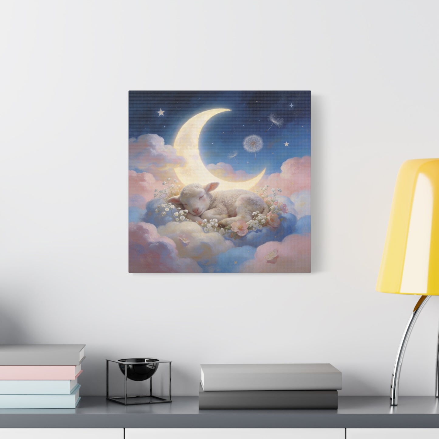 Sleeping Lamb Canvas Wall Art - Crescent Moon, Stars, Pink Clouds Nursery Decor - Dreamy Pastel Canvas Print - Whimsical Storybook Style - Bedroom Home Decoration, Kids Room Accent - Office Wall Art
