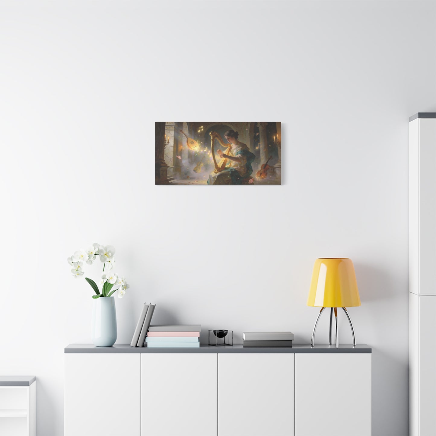 Woman Playing Harp Canvas Wall Art - Romantic Music Painting, Glowing Notes, Violin And Lute - Matte Cotton Print - Traditional Style, Living Room Wall Decor, Bedroom Accent - Bedroom Home Decoration