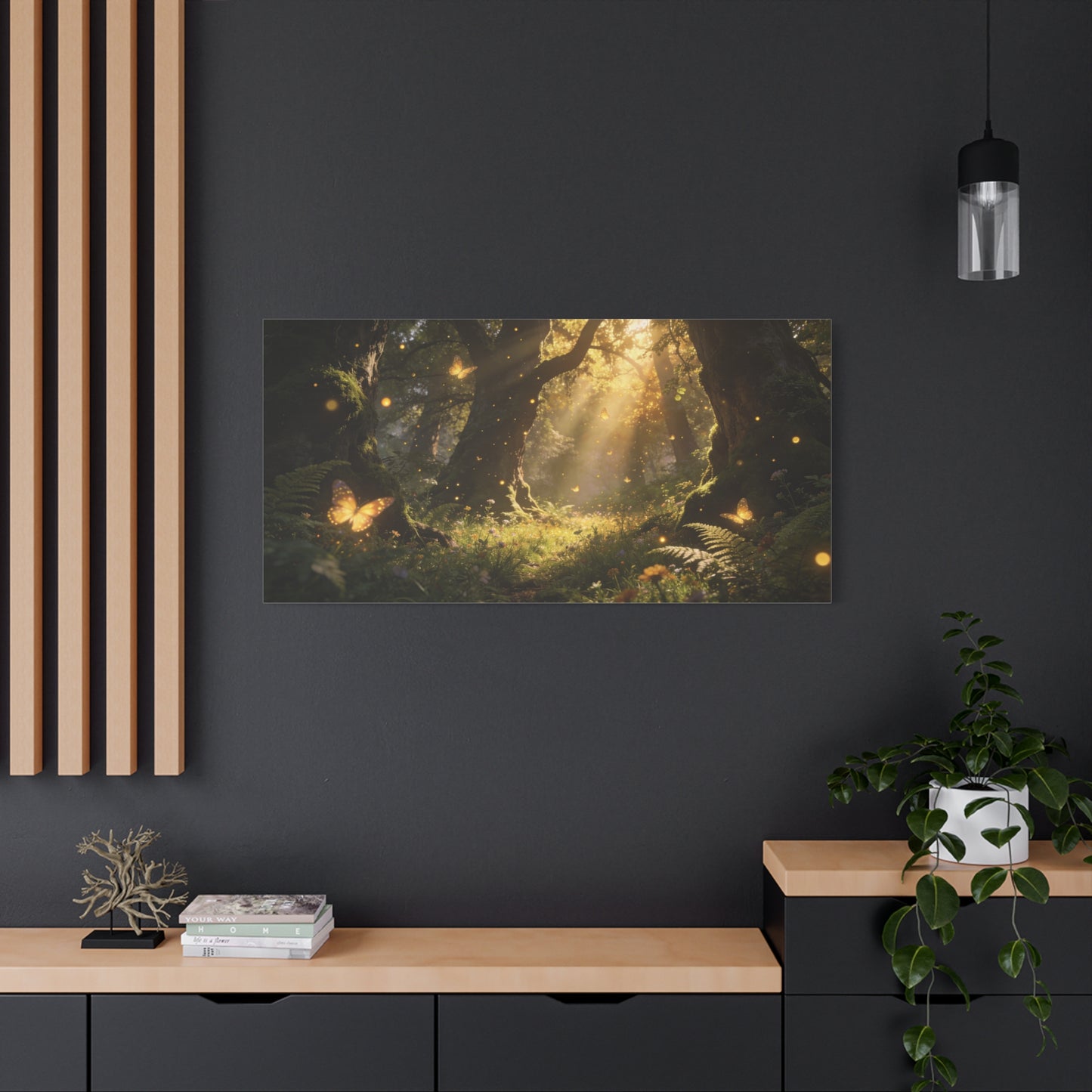 Enchanted Forest Canvas Wall Art - Sunlit Butterflies, Woodland Glade Scene - Matte Cotton Canvas Print - Fantasy Nature Style - Living Room Wall Decor, Bedroom Home Decoration - Cozy Reading Nook Art