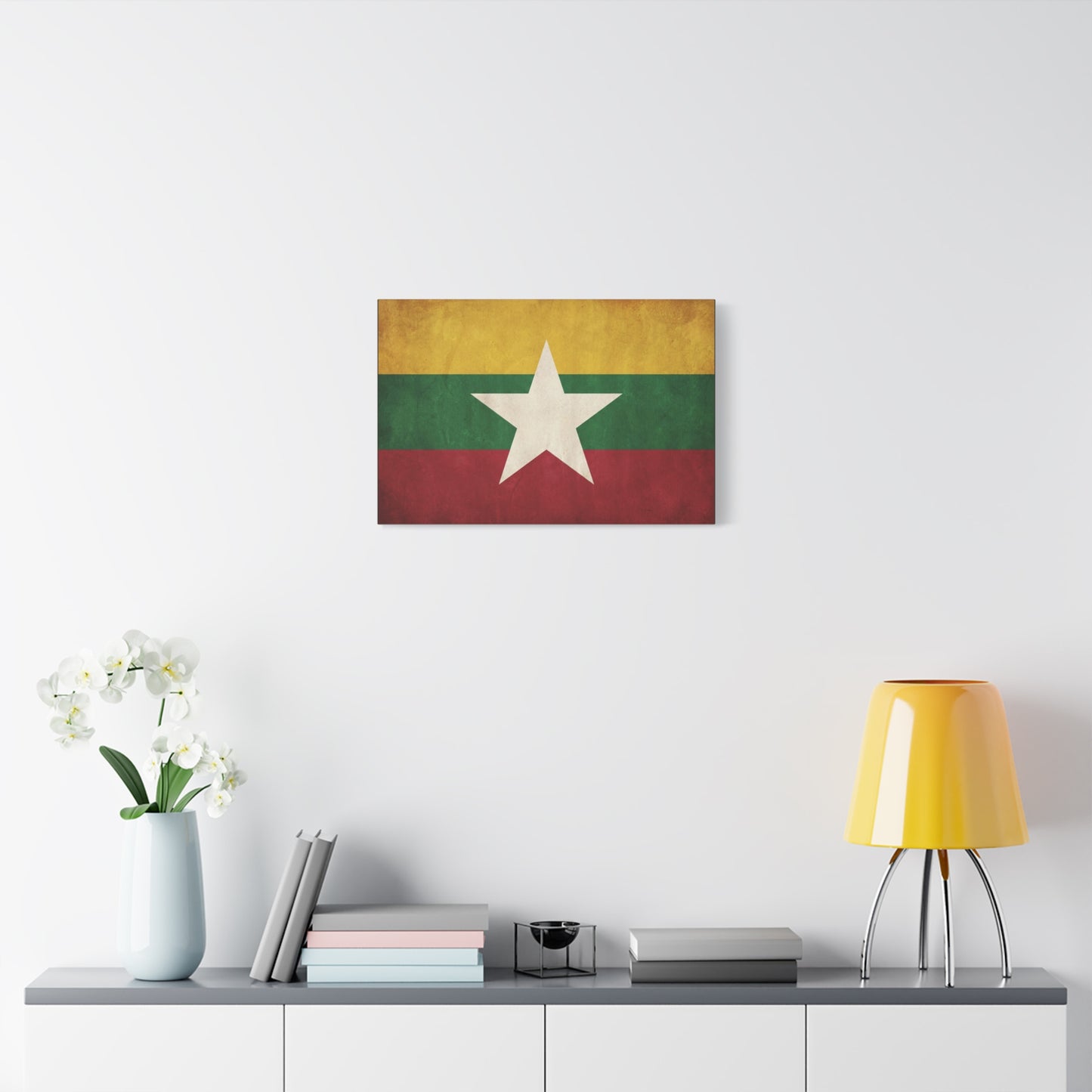 Myanmar Flag Canvas Wall Art - Vintage Burma Star Print, Patriotic Country Pride Decor - Distressed Tricolor Artwork - Living Room Wall Decor, Office Accent - Bedroom Home Decoration - Ready to Hang