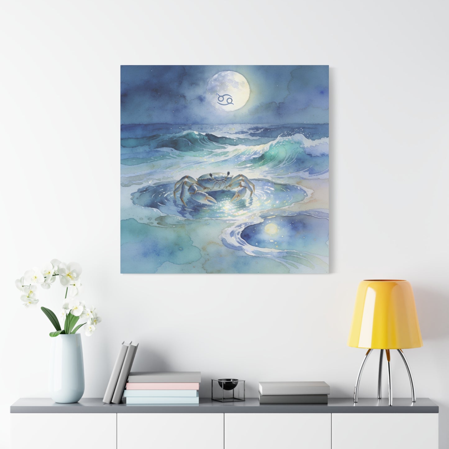 Cancer Zodiac Canvas Wall Art - Moonlit Ocean Crab Watercolor Print, Coastal Astrology Decor - Serene Blue Seascape - Bedroom Wall Decor, Meditation Space Accent, Bohemian Style - Ready to Hang