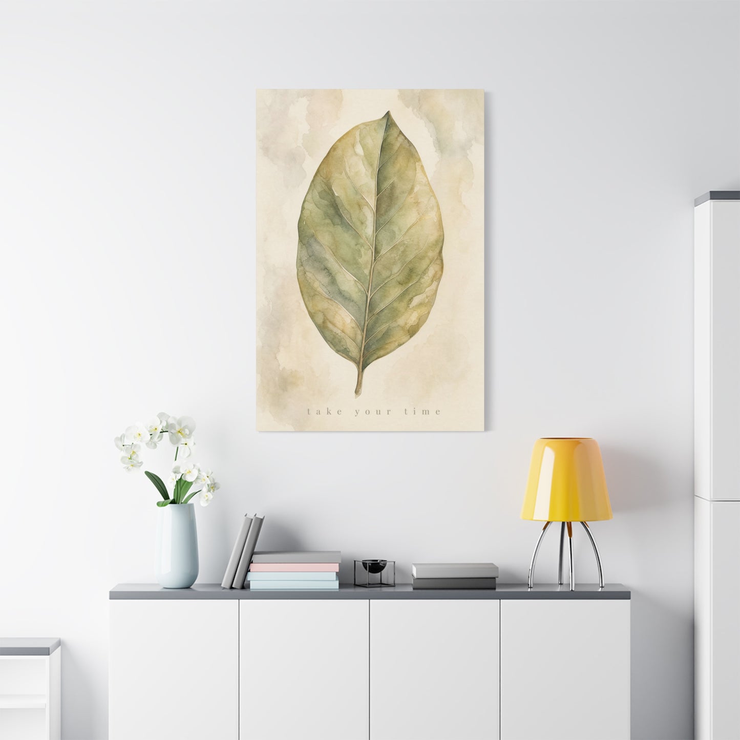 "Take Your Time" Botanical Leaf Canvas Wall Art - Watercolor Sage Green Nature Print - Minimalist Contemporary Decor - Bedroom Living Room Wall Decor - Calming Home Decoration - Modern Farmhouse Style
