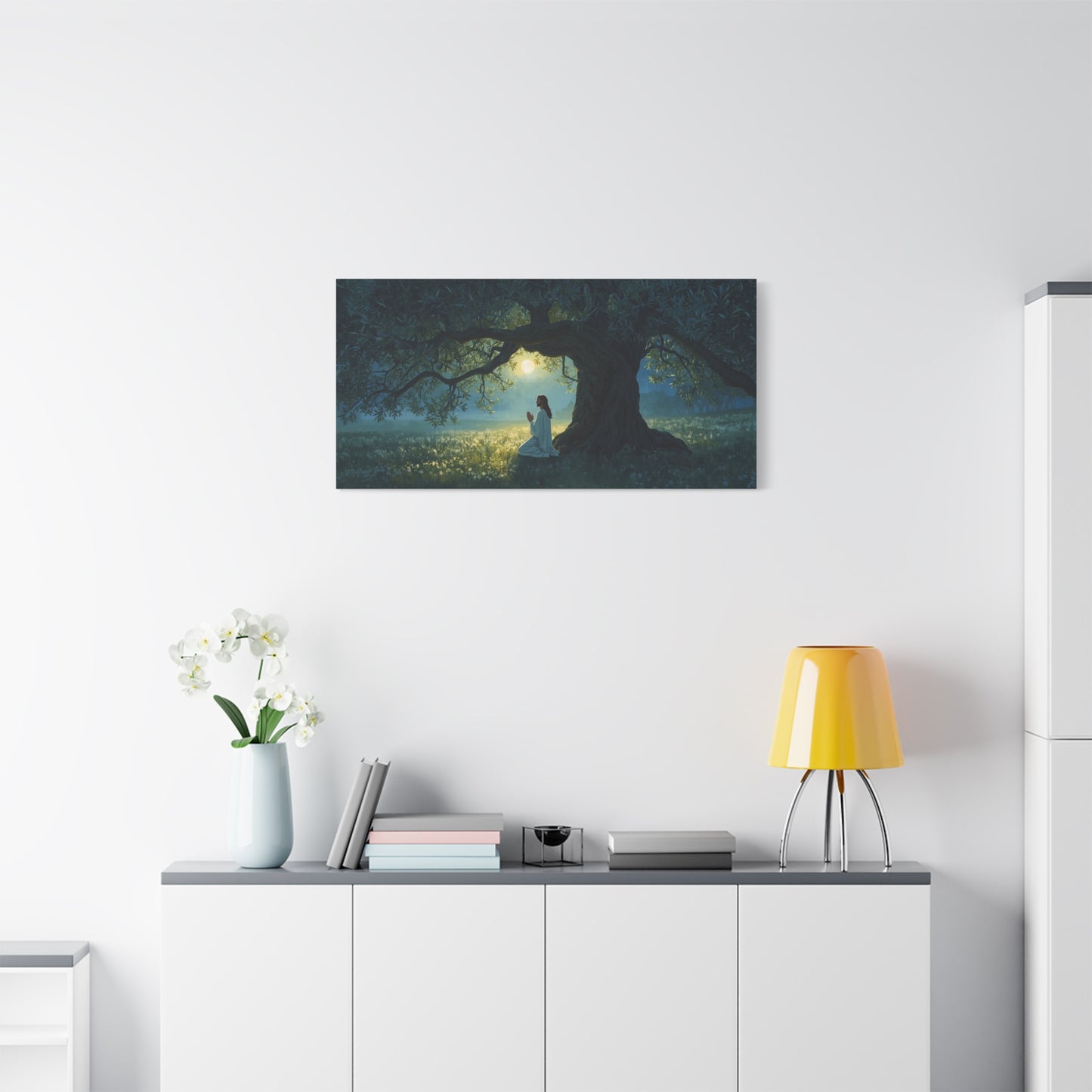 Jesus Praying In Gethsemane Canvas Wall Art - Moonlit Olive Tree Scene, Christian Wall Decor - Matte Cotton Print - Traditional Religious Style For Living Room Bedroom Office - Bedroom Home Decoration
