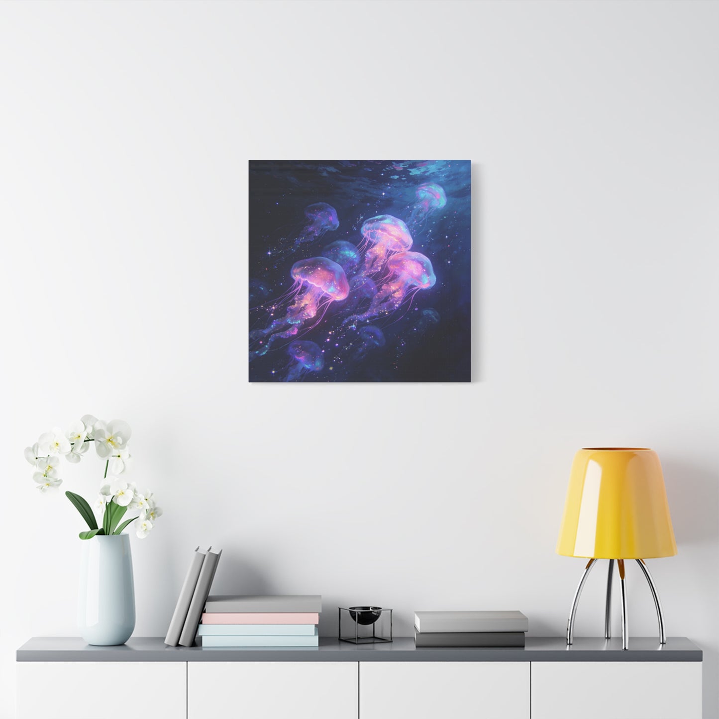 Glowing Jellyfish Canvas Wall Art - Ocean Fantasy Sea Life Decor, Luminous Pink Blue Artwork - Matte Canvas Print, Contemporary Style - Bedroom Wall Decor, Meditation Space Accent - Ready to Hang