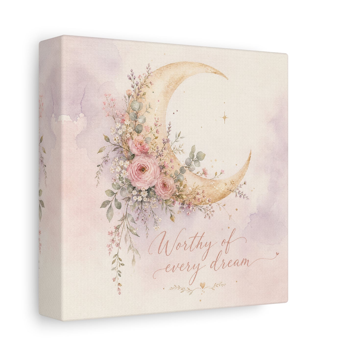 "Worthy Of Every Dream" Moon Canvas Wall Art - Floral Crescent, Inspirational Blush Gold Watercolor - Bohemian Bedroom Wall Decor - Nursery Home Decoration - Bedroom Home Decoration - Ready to Hang