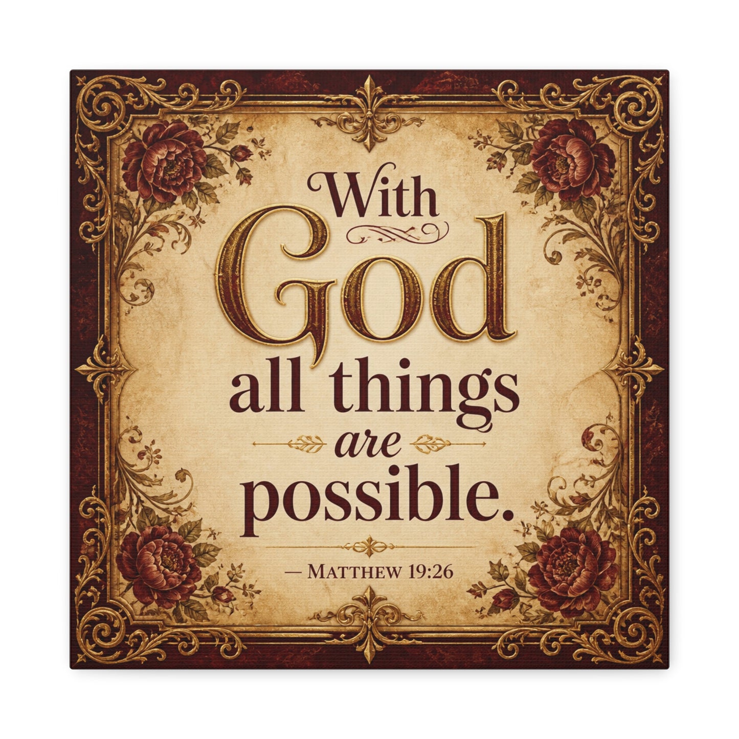 "With God All Things Are Possible. - Matthew 19:26" Christian Canvas Wall Art - Vintage Floral Scripture Print, Traditional Inspirational Decor, Living Room Bedroom Wall Hanging - Ready to Hang