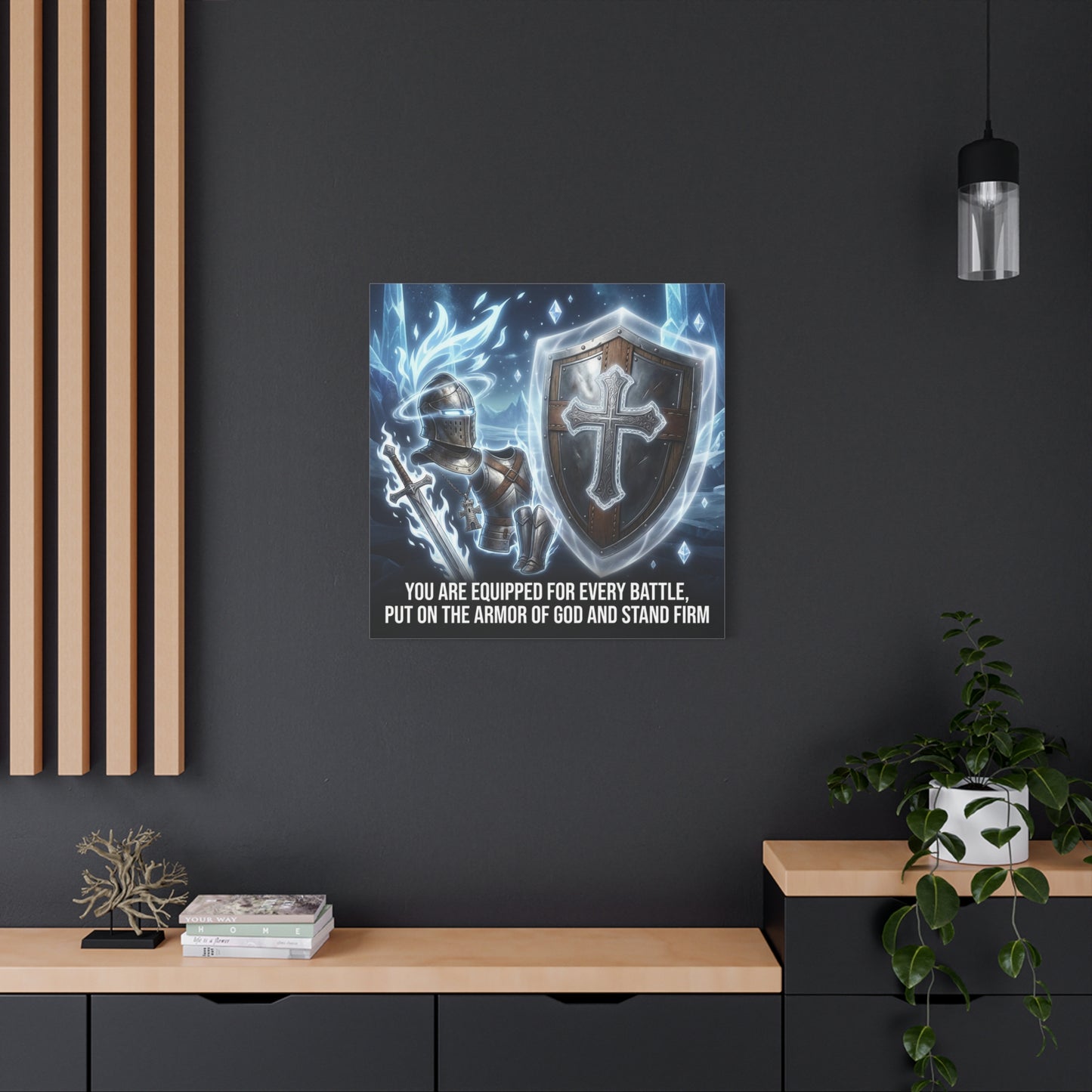 "You Are Equipped For Every Battle, Put On The Armor Of God And Stand Firm" Christian Canvas Wall Art - Knight Armor, Cross Shield, Scripture Decor - Blue Fantasy Style - Living Room - Office Wall Art