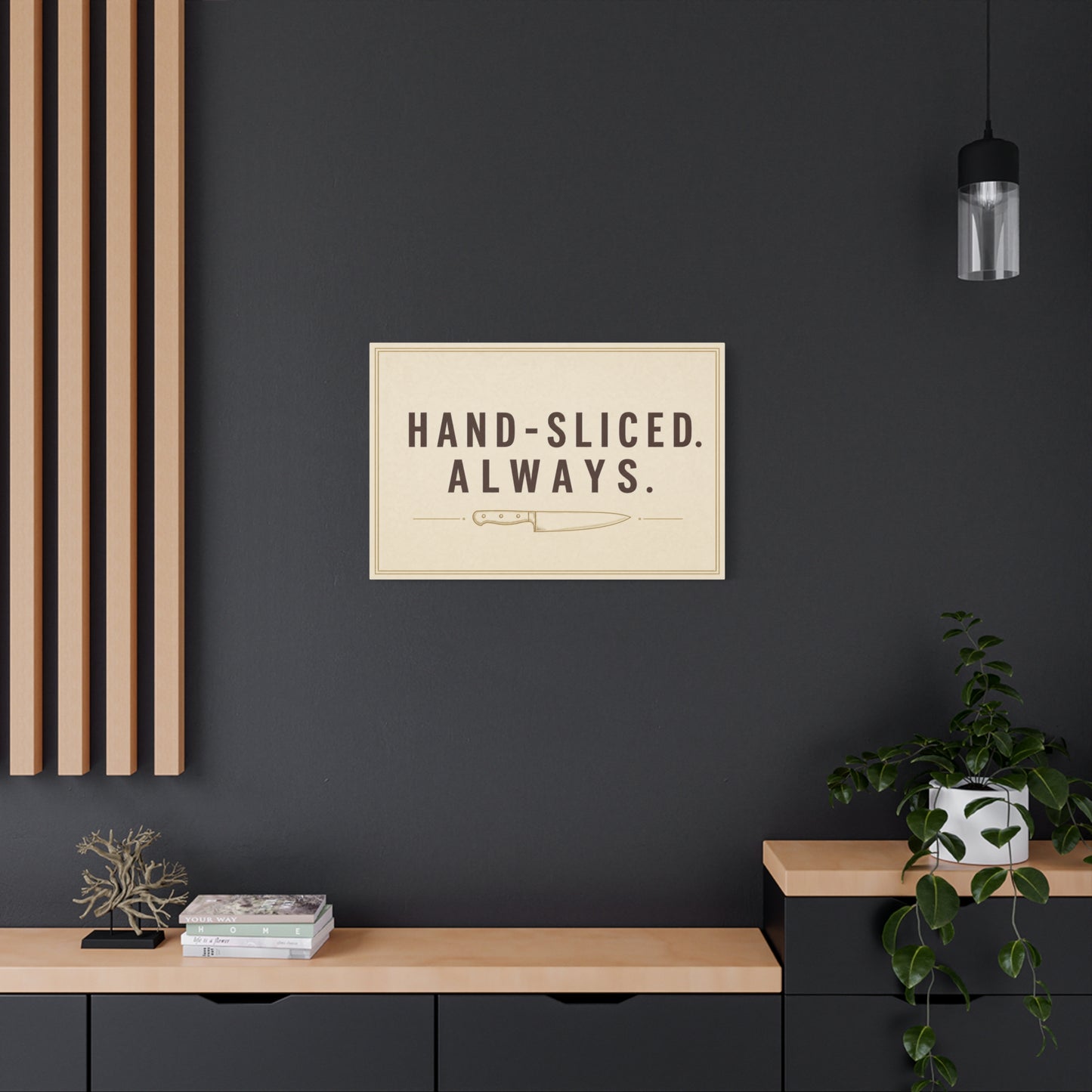 "Hand-Sliced. Always." Kitchen Canvas Wall Art - Vintage Knife Typography Print - Rustic Farmhouse Wall Decor, Dining Room Home Decoration, Funny Kitchen Sign - Bedroom Home Decoration - Ready to Hang