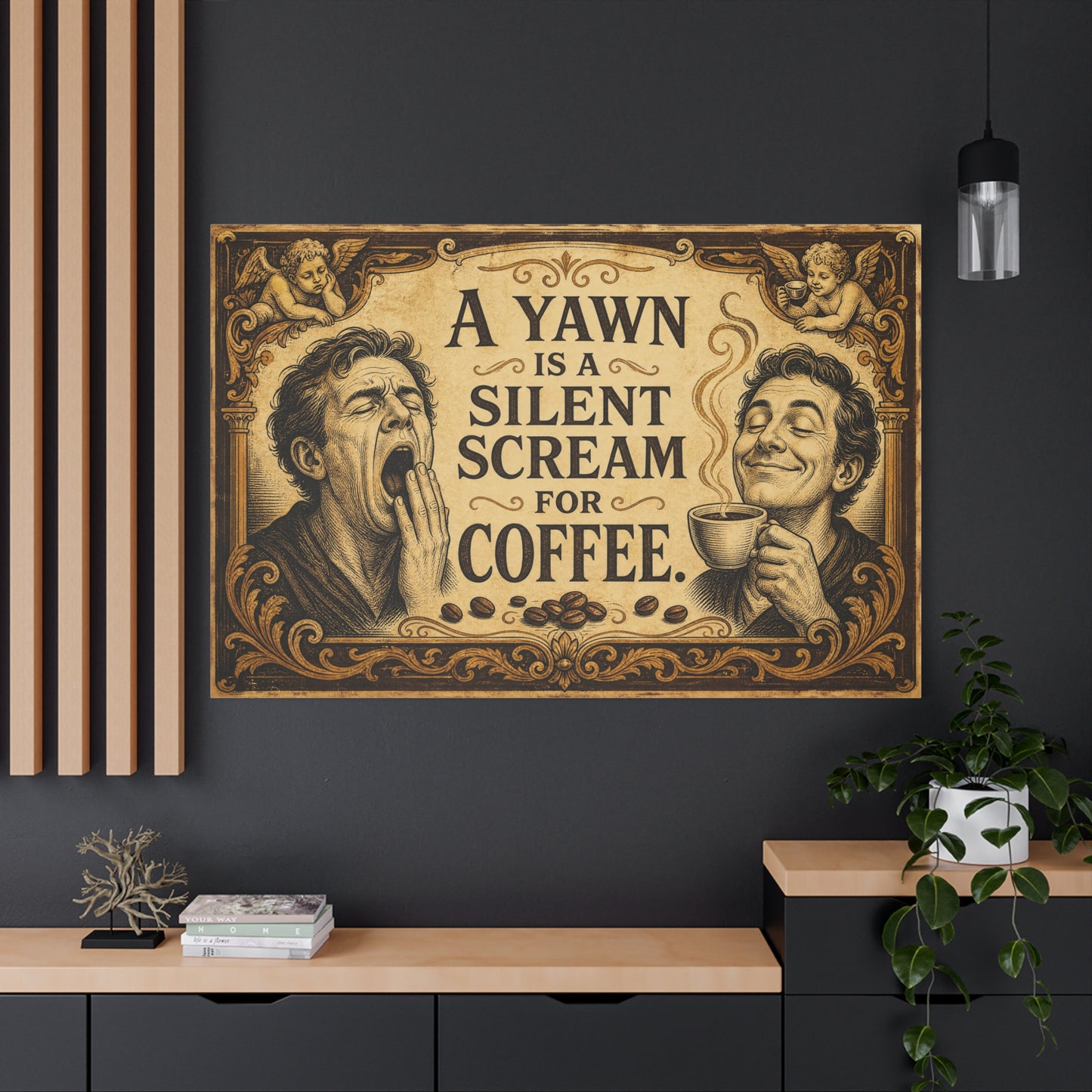 "A Yawn Is A Silent Scream For Coffee" Funny Coffee Canvas Wall Art - Vintage Cherub Quote Print, Sepia Cafe Style, Office Humor - Cafe Wall Art - Bistro Decor - Espresso Bar Sign - Ready to Hang