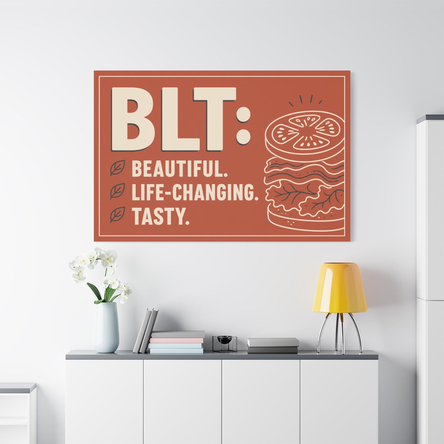 "BLT: Beautiful. Life-Changing. Tasty." Canvas Wall Art - Retro Sandwich Decor - Typography Food Illustration - Modern Farmhouse Style - Deli Wall Decor - Sandwich Shop Sign - Gallery Wrapped Canvas