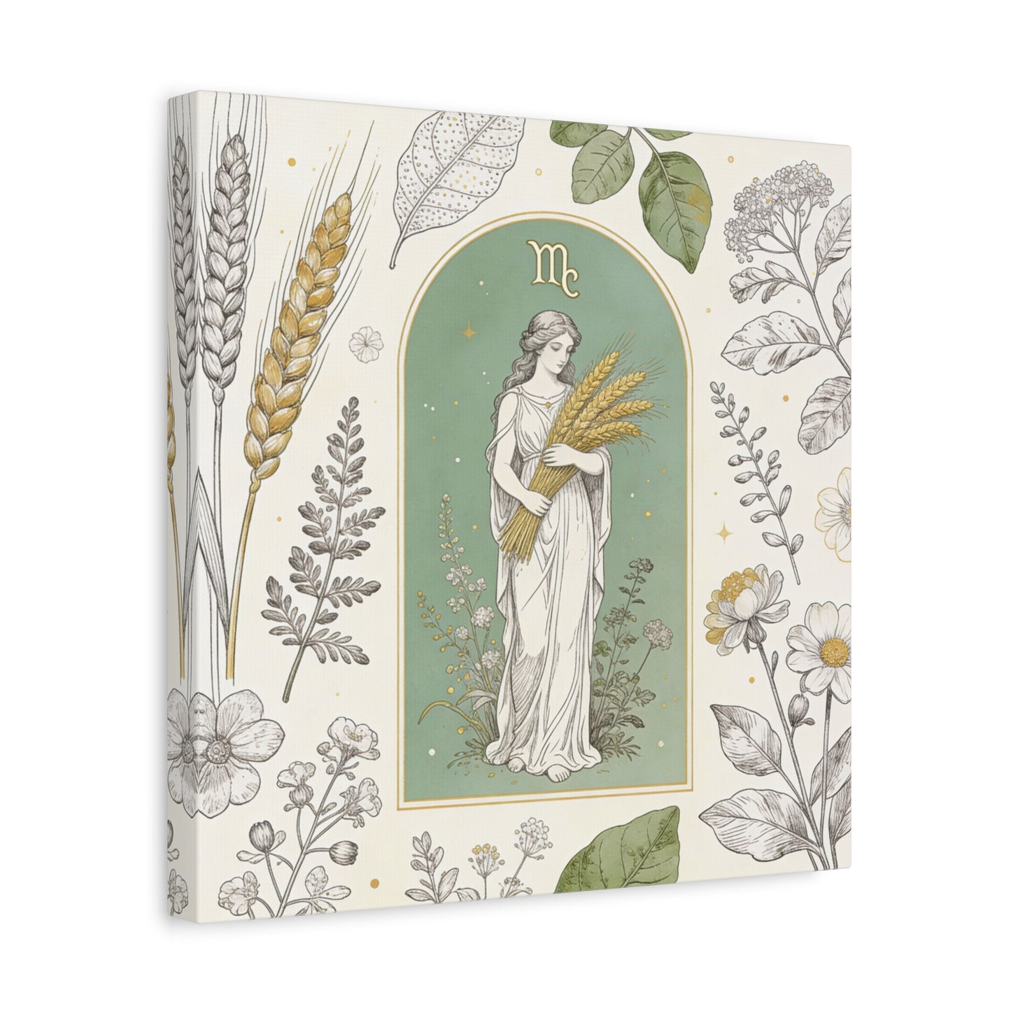 Virgo Zodiac Canvas Wall Art - Botanical Maiden Holding Wheat, Celestial Illustration - Sage Green Gold Cotton Print - Vintage Astrology Decor, Bedroom Wall Hanging Accent - Bedroom Home Decoration
