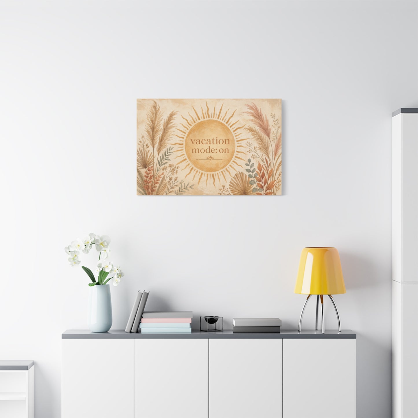 "Vacation Mode: On" Sun Quote Canvas Wall Art - Boho Botanical Typography Print, Neutral Pampas Grass Decor, Coastal Bedroom Wall Hanging, Living Room Home Decoration, Vacation Rental Accent