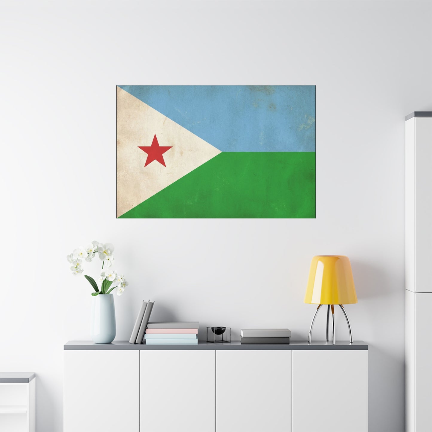 Djibouti Flag Canvas Wall Art - Vintage National Banner Print, Patriotic Home Decor - Distressed Blue Green White Red Star Design - Living Room Decoration - Living Room Wall Decor - Ready to Hang
