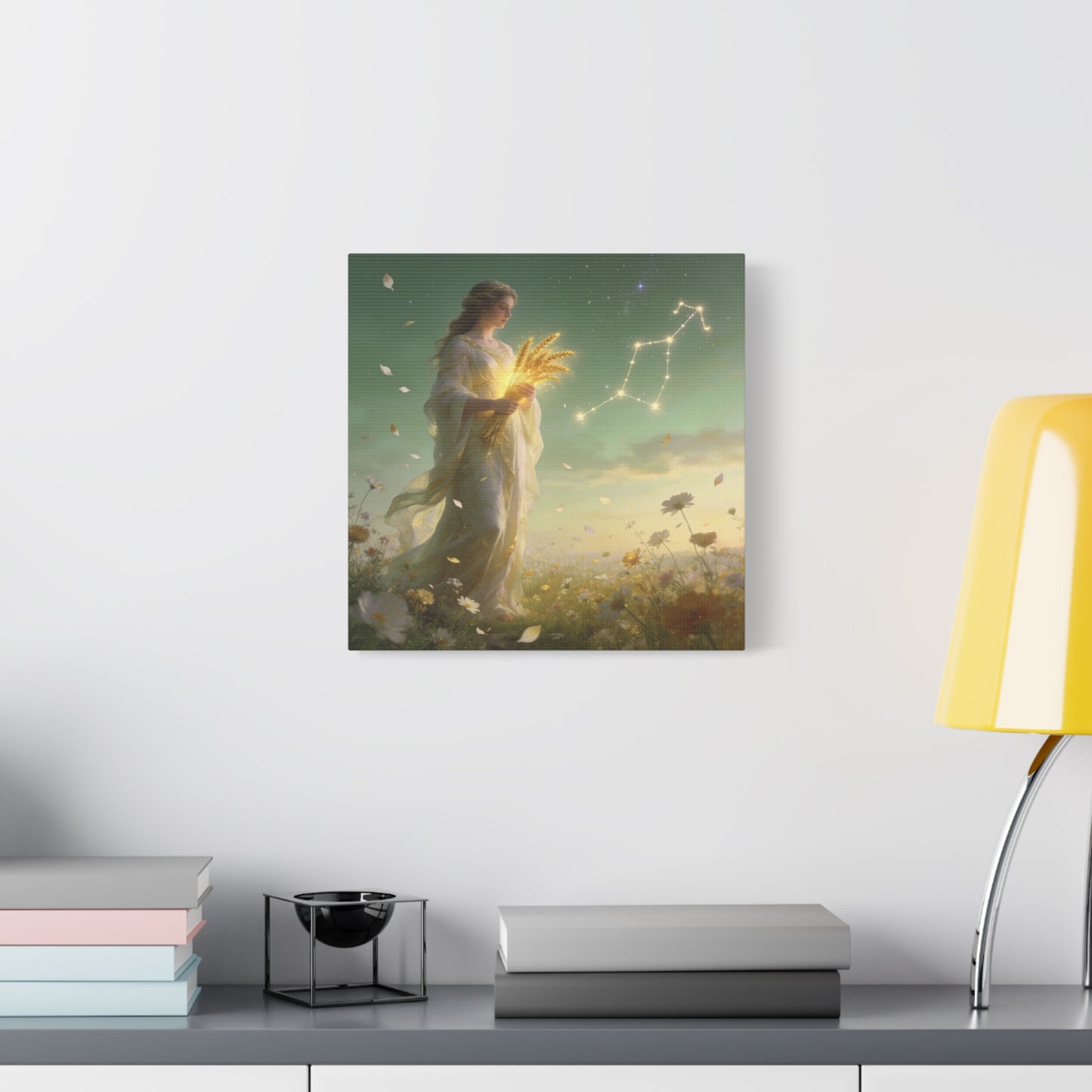 Virgo Maiden Canvas Wall Art - Celestial Wheat Goddess Illustration, Luminous Zodiac Sky, Matte Cotton Print, Bohemian Bedroom Decor, Meditation Space Accent, Ready To Hang - Living Room Wall Decor