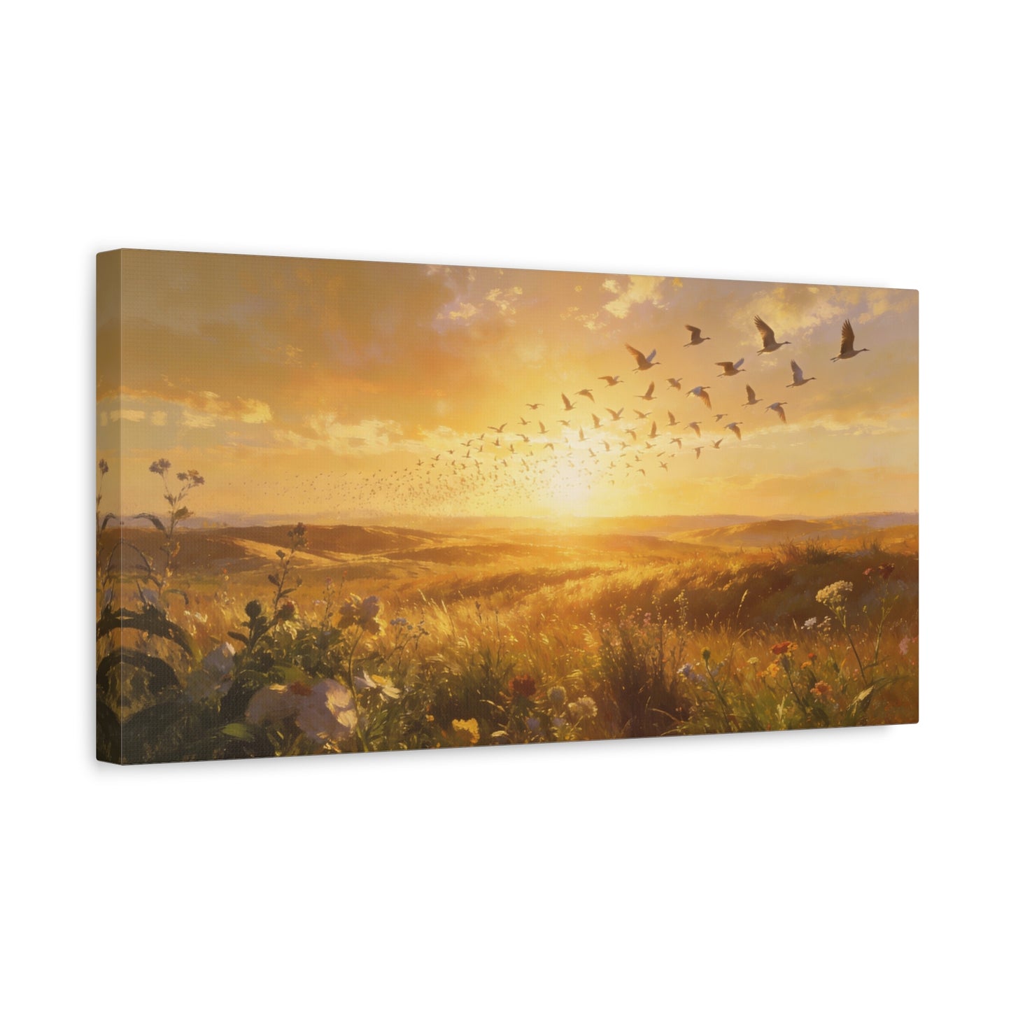 Golden Meadow Sunrise Canvas Wall Art - Flying Birds Over Wildflower Landscape, Lighted Patriotic Wall Hanging Banne Tone, Matte Finish Print - Rustic Living Room Decor - Bedroom Home Decoration