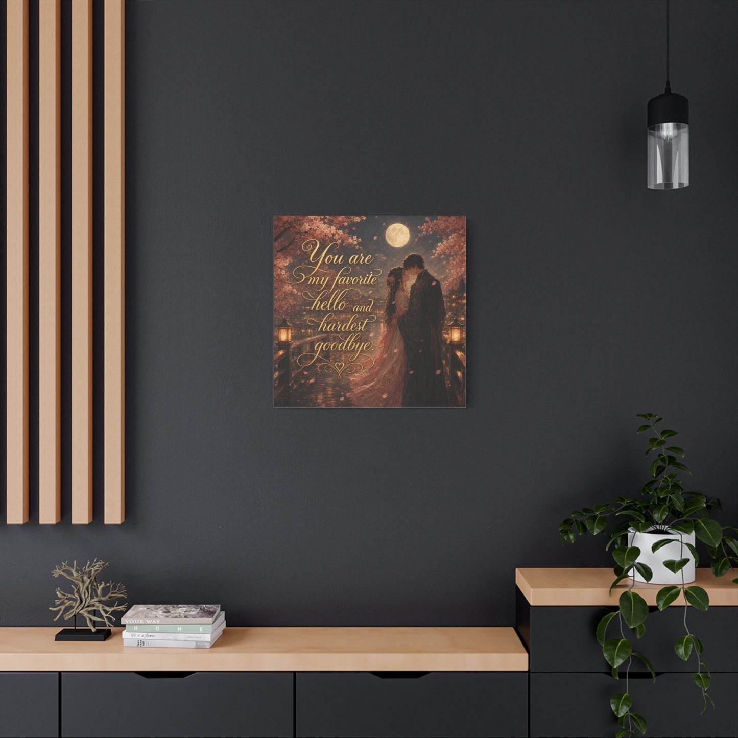 "You Are My Favorite Hello And Hardest Goodbye" Romantic Canvas Wall Art - Moonlit Cherry Blossom Couple, Gold Script Quote Print - Traditional Love Decor, Bedroom Wall Hanging - Cozy Reading Nook Art