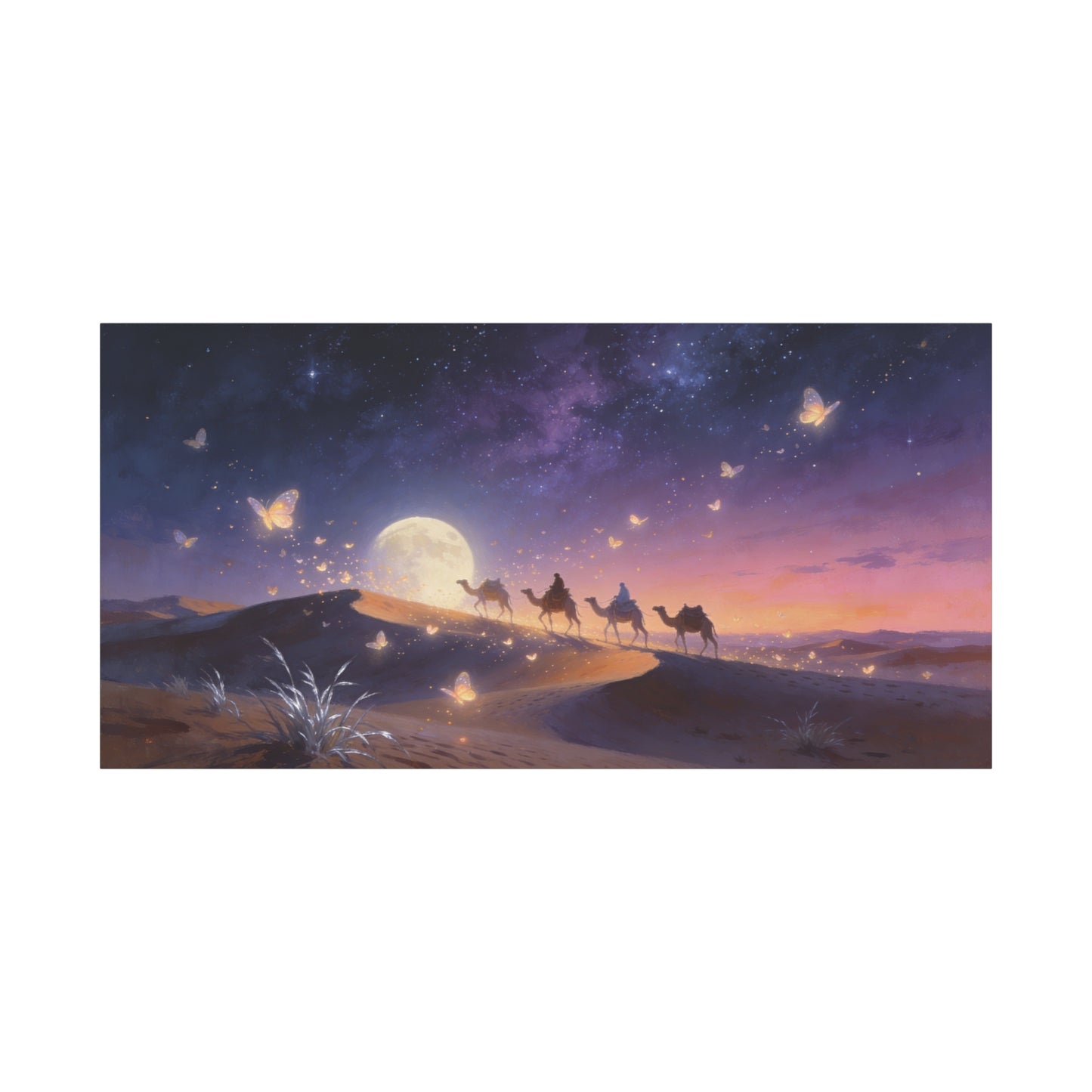 Moonlit Desert Camel Caravan Canvas Wall Art - Starry Night Butterflies, Dreamy Landscape Print - Ethereal Contemporary Style - Living Room Wall Decor, Bedroom Home Decoration - Modern Farmhouse Style